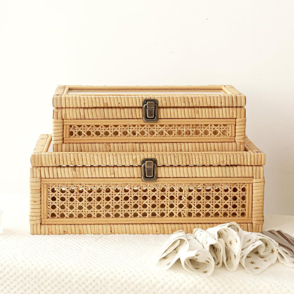 DECOR4SEASON Rattan and Cane Stacking Boxes with Glass Top Lid - Set of 2 for Boho, and Rustic Farmhouse Decor