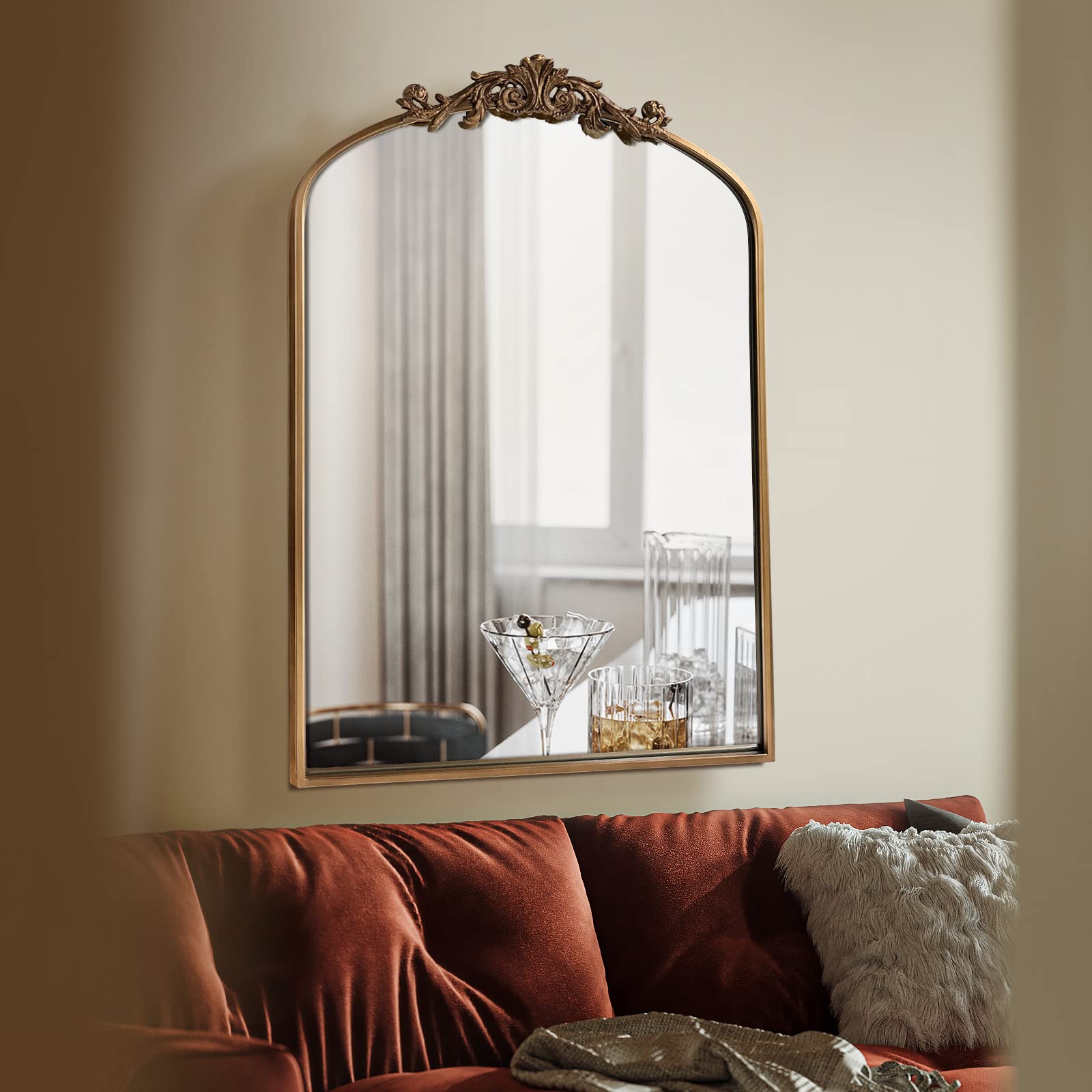 OUSHUAI Gold Traditional Vintage Ornate Baroque Mirror,Gold Brass Mirror for Wall,Victorian Antique Bronze Mirrors Arched for Bathroom/Living Room/Hallway/Fireplace 19"X27"