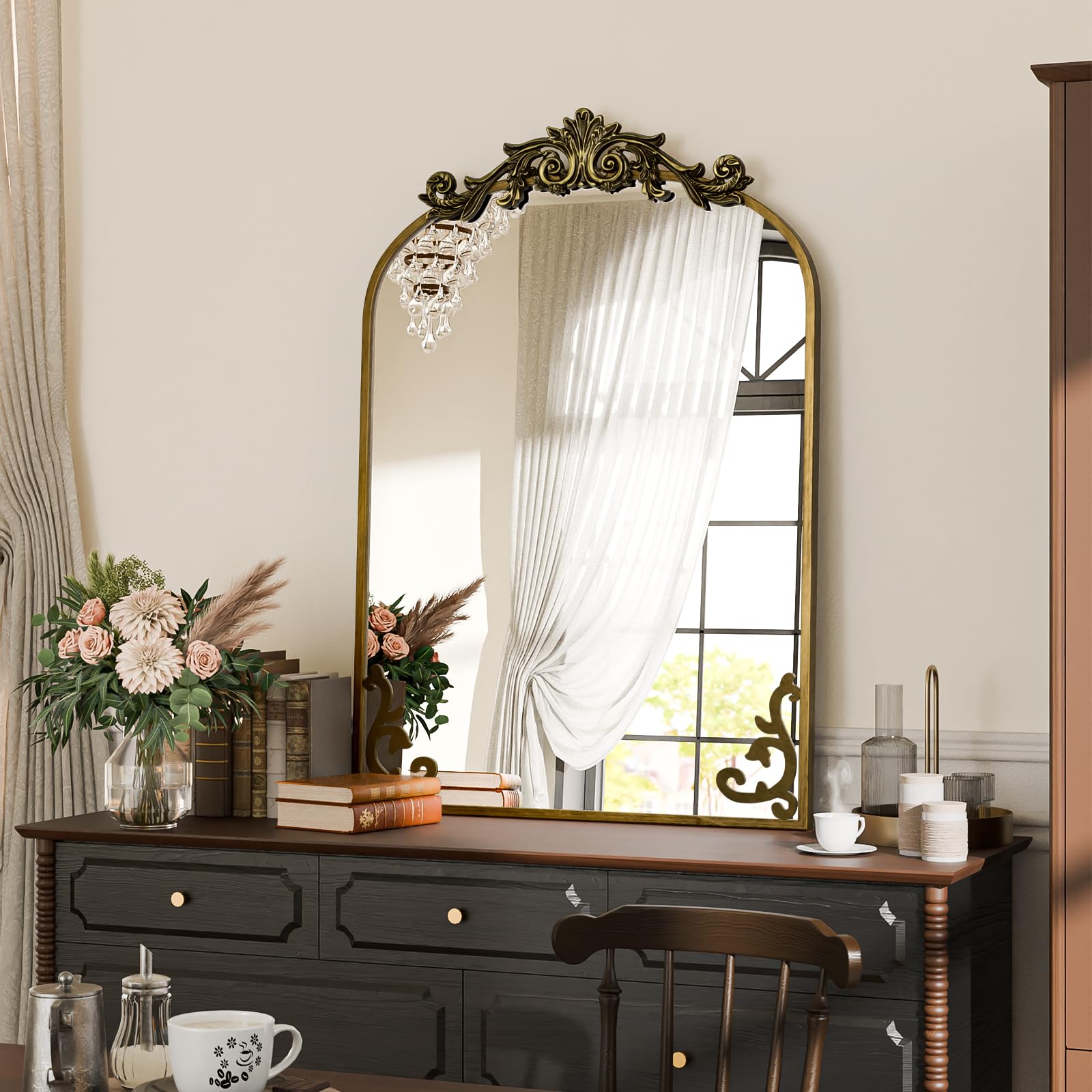 Koonmi Vintage Mirror, 24x36 Antique Barolon Mirror for Wall, Bronze Frame with Ornate Patterns, Flower Head, Shatter-Proof Tempered Glass Arched Decorative Mirrors for Bathroom