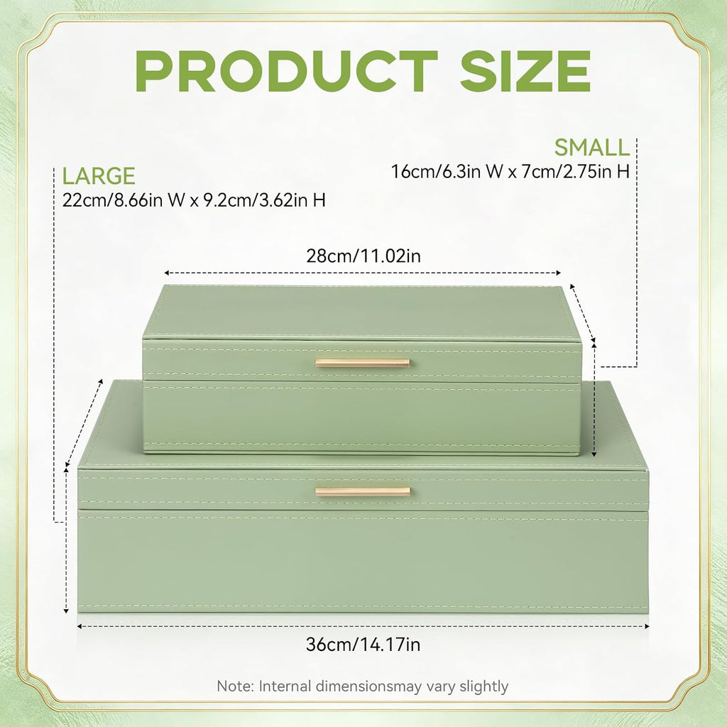 Pinkunn Faux Leather Decorative Boxes with Lids Set of 2 Beautiful PU Leather Organizer Bins for Your Bookshelf Home Large Nesting Storage Decorative Boxes for Modern Stacking Jewelry Box(Sage Green)