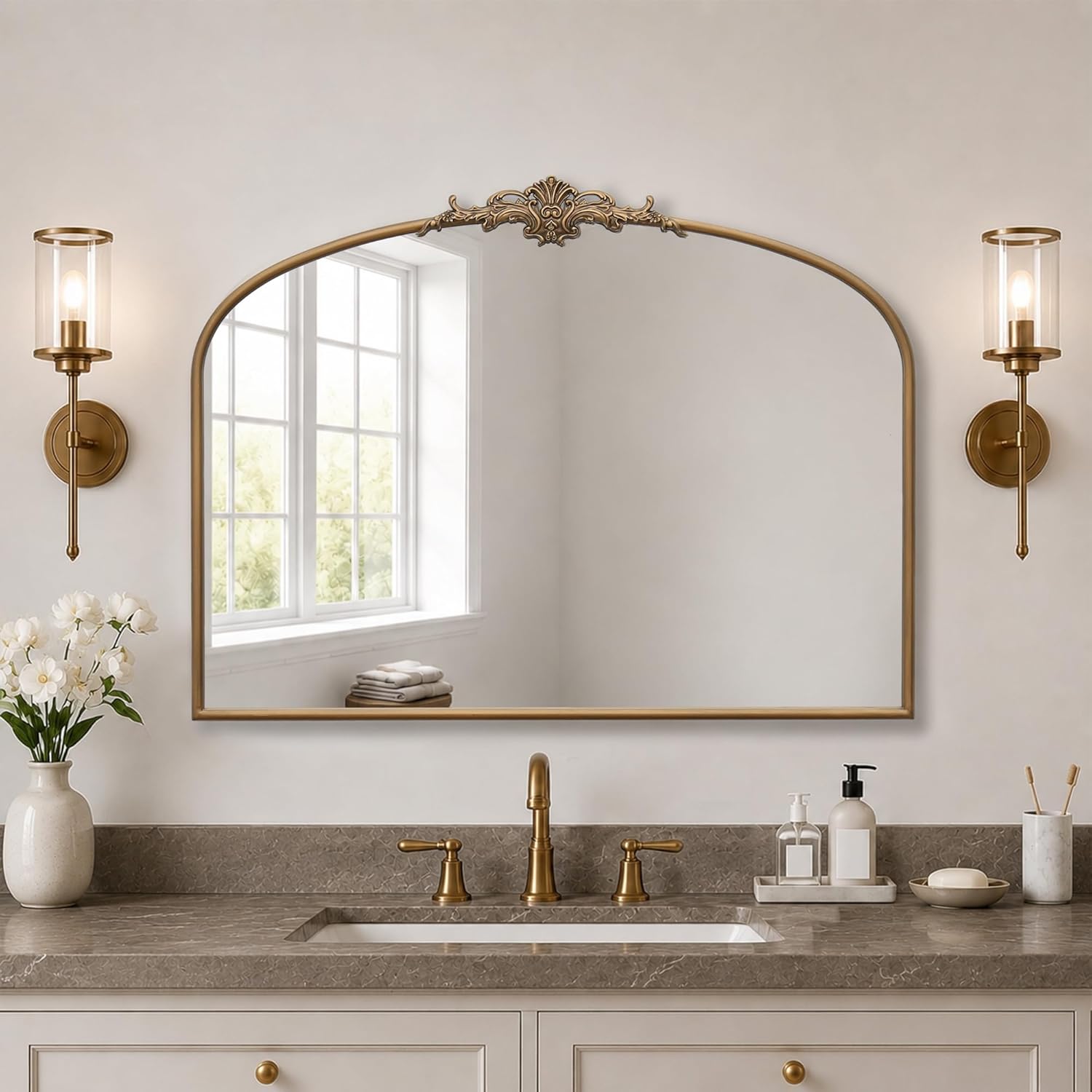 Besdomus Vintage Arched Gold Mirror: 40"x29" French Large Brass Antique Wall Vanity Mirror - Decorative Baroque Traditional Ornate for Entryway/Fireplace/Bathroom/Bedroom - Ideal for Home Renovations