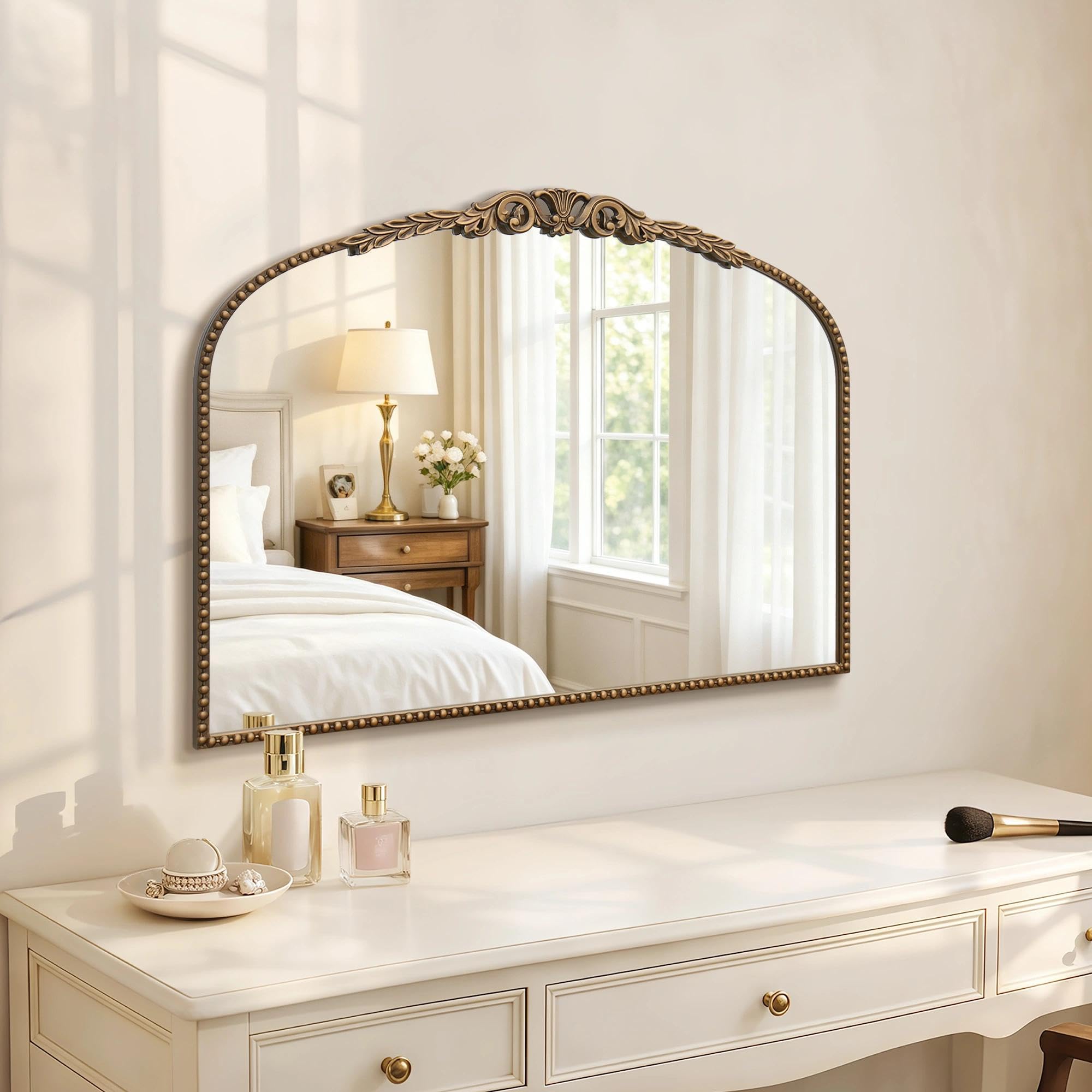 Besdomus Gold Large Arched Mirror: 40"x29" French Baroque Vintage Mirror - Traditional Ornate Antique for Mantel/Bedroom/Entryway/Bathroom/Hallway - Home Decor for Fashion-Conscious