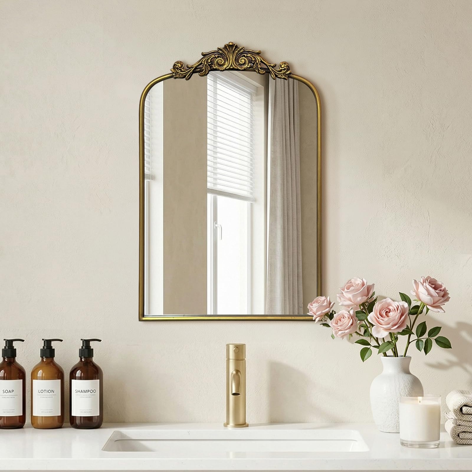Antique Baroque Vintage Vanity Mirror 30x20Inch, Gold with Ornate Antique Frame, Arched Vintage Wall Mirror for Living Room, Fireplace, Entryway