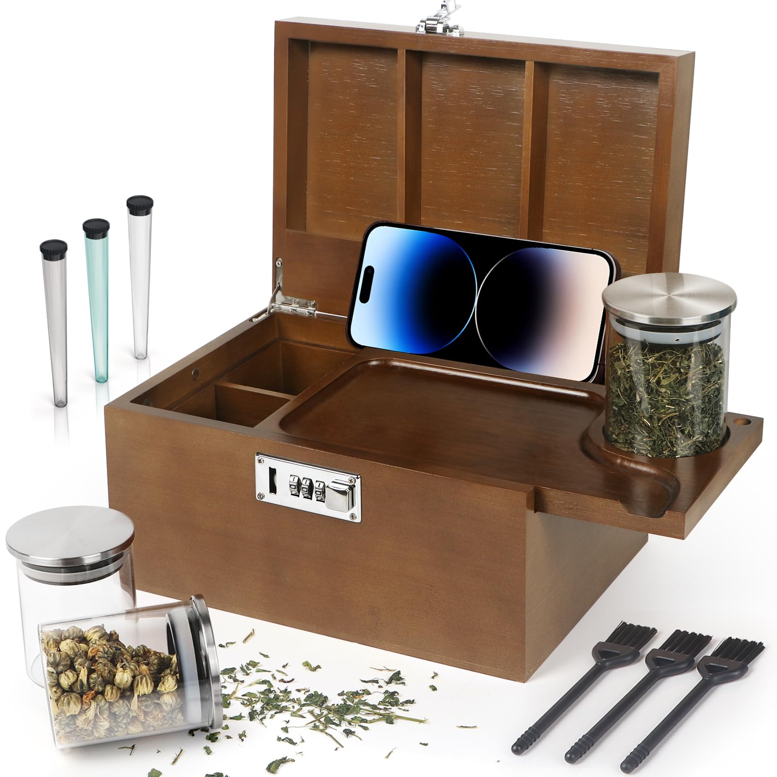 Large Green Bamboo Box with Combination Lock, Decorative Storage Box with Removable Tray & Detachable Compartment, Wooden Boxes with Alright Jars & Brushes & Storage Tubes as Great Gift Choice.