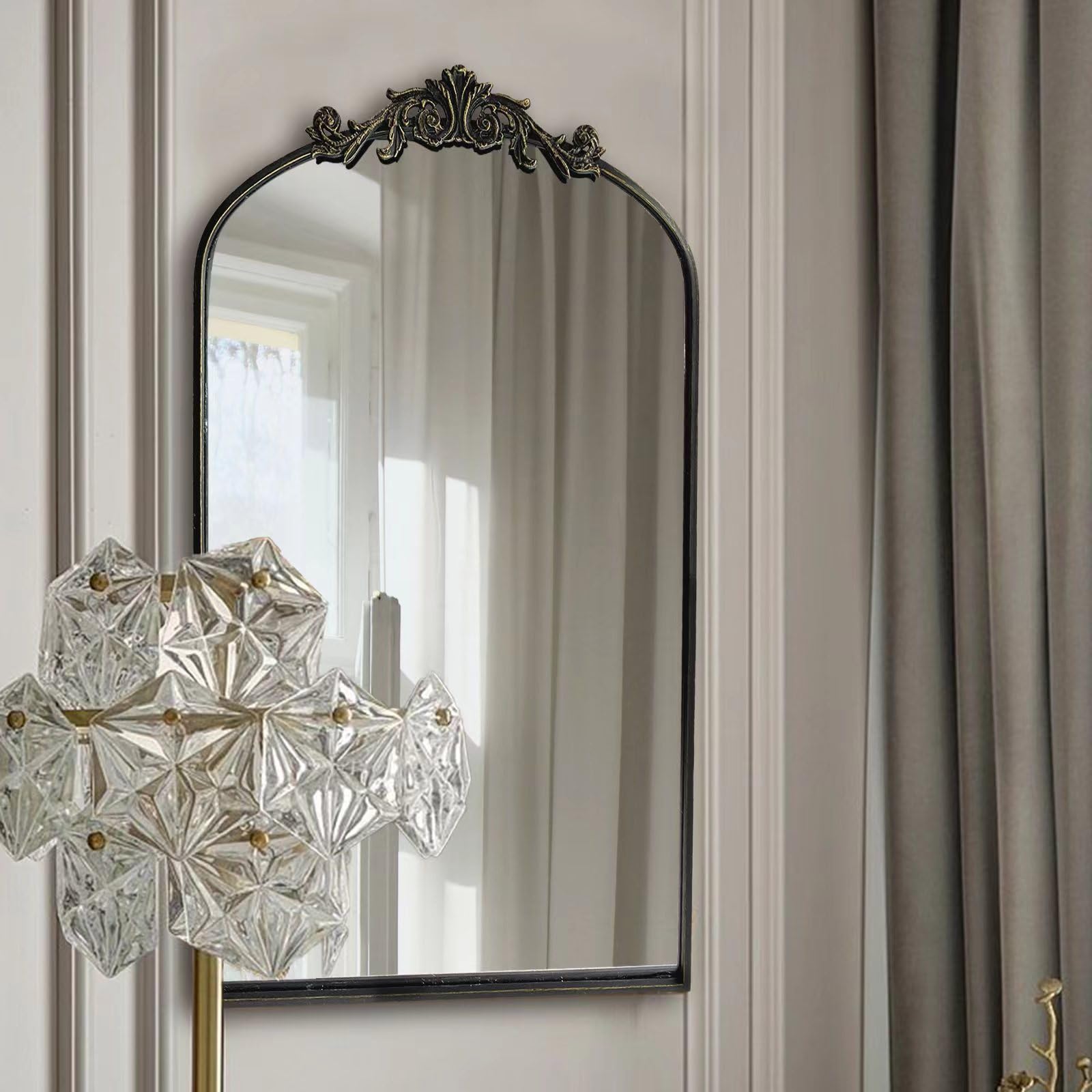 OUSHUAI Gold Traditional Vintage Ornate Baroque Mirror,Gold Brass Mirror for Wall,Victorian Antique Bronze Mirrors Arched for Bathroom/Living Room/Hallway/Fireplace 19"X27"