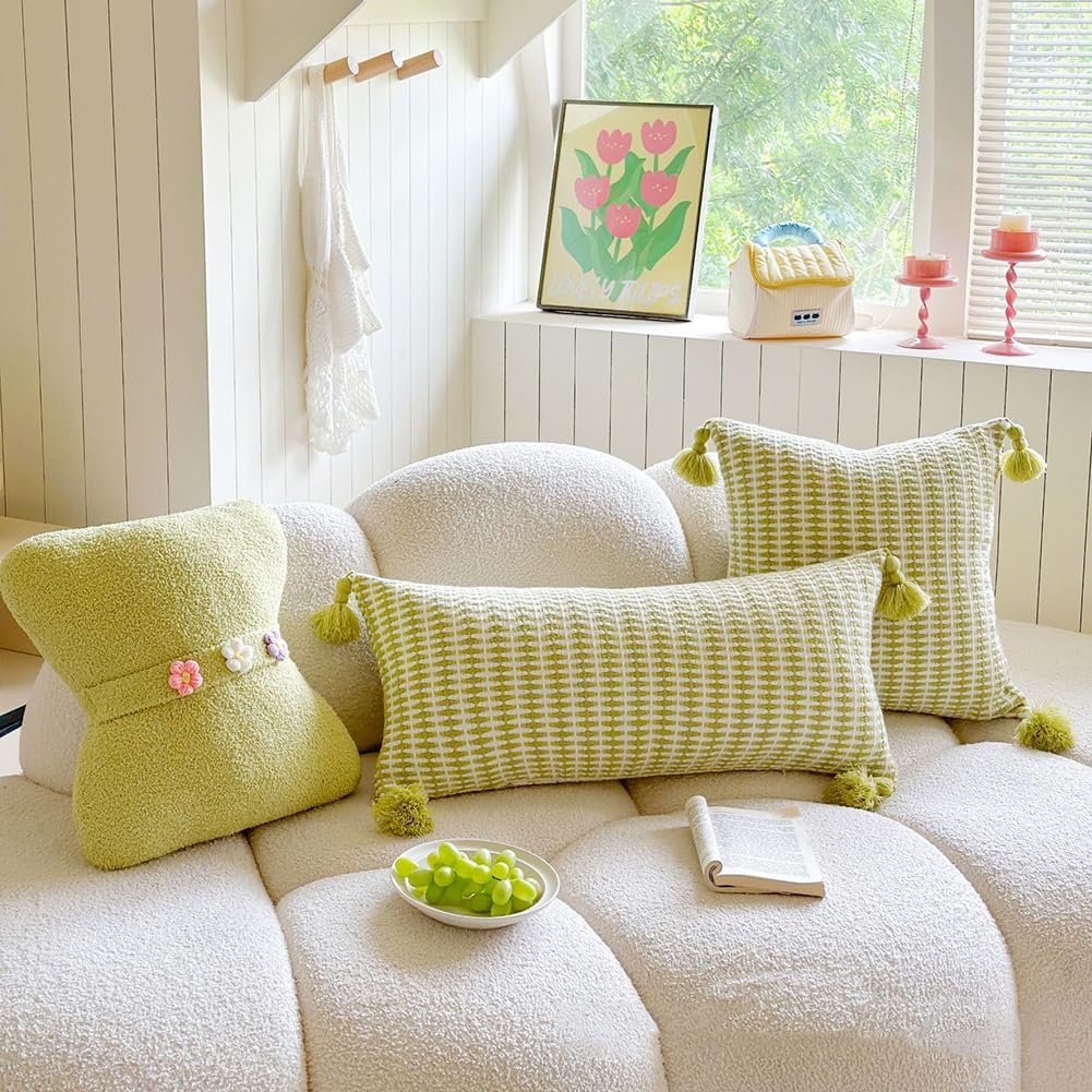 Knit Throw Pillow with Tassels Includes Insert, Soft Boho Decorative Square Pillow for Couch Sofa, Chunky Cotton Feel, Light Green (Square)