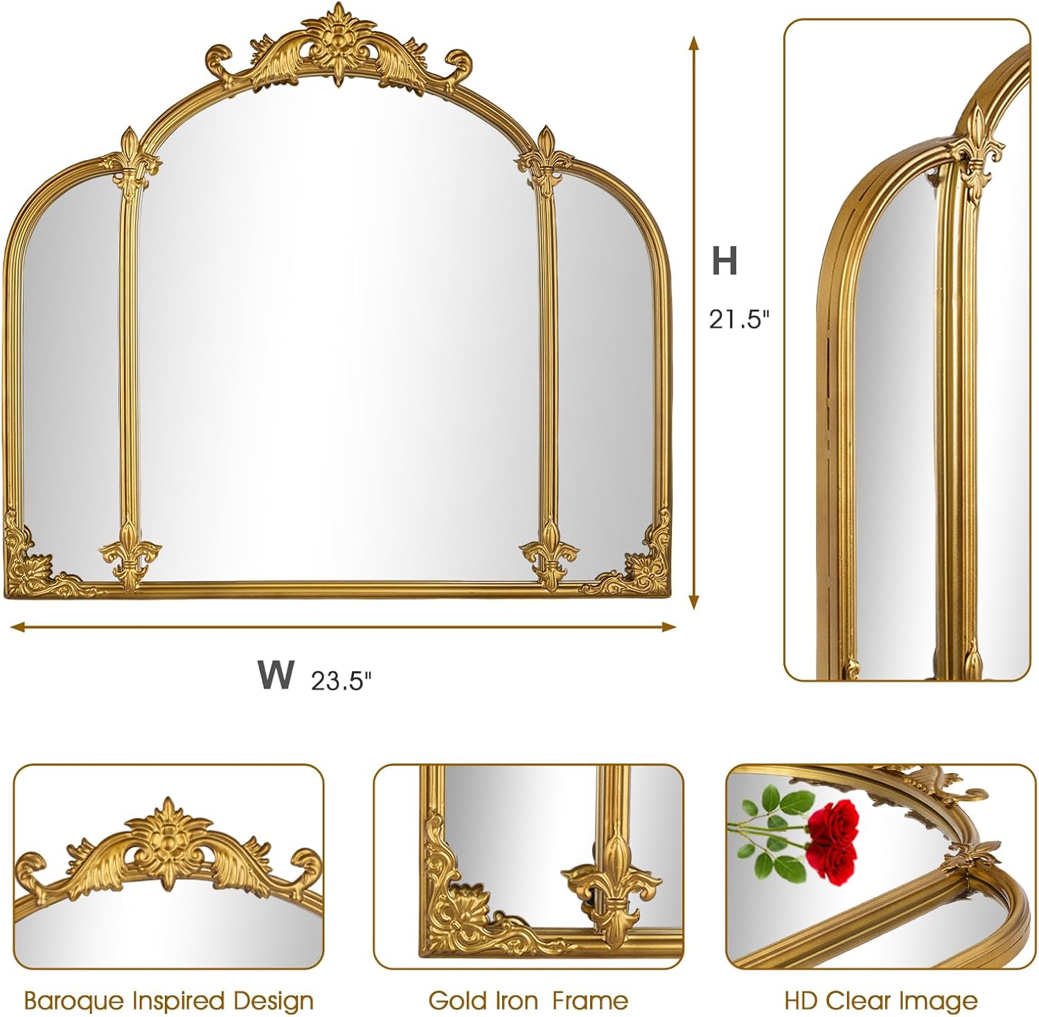 24"x22" Gold Arch Wall Mirror, Vintage Ornate Baroque Mirror with Metal Frame, Decorative Vanity Mirror for Dresser, Bedroom, Bathroom, Fireplace, Entryway, Hallway