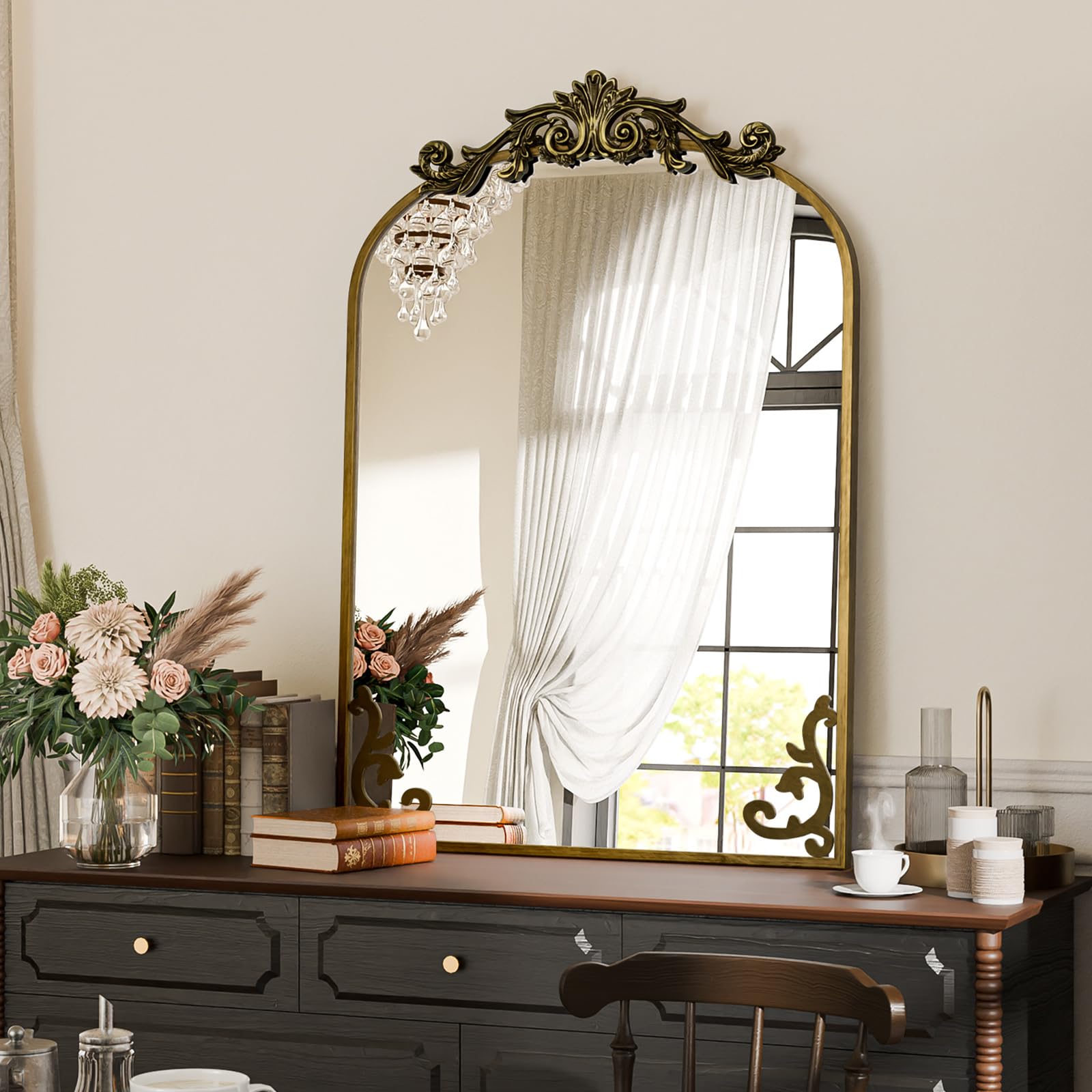 Koonmi Vintage Mirror, 24x36 Antique Barolon Mirror for Wall, Bronze Frame with Ornate Patterns, Flower Head, Shatter-Proof Tempered Glass Arched Decorative Mirrors for Bathroom