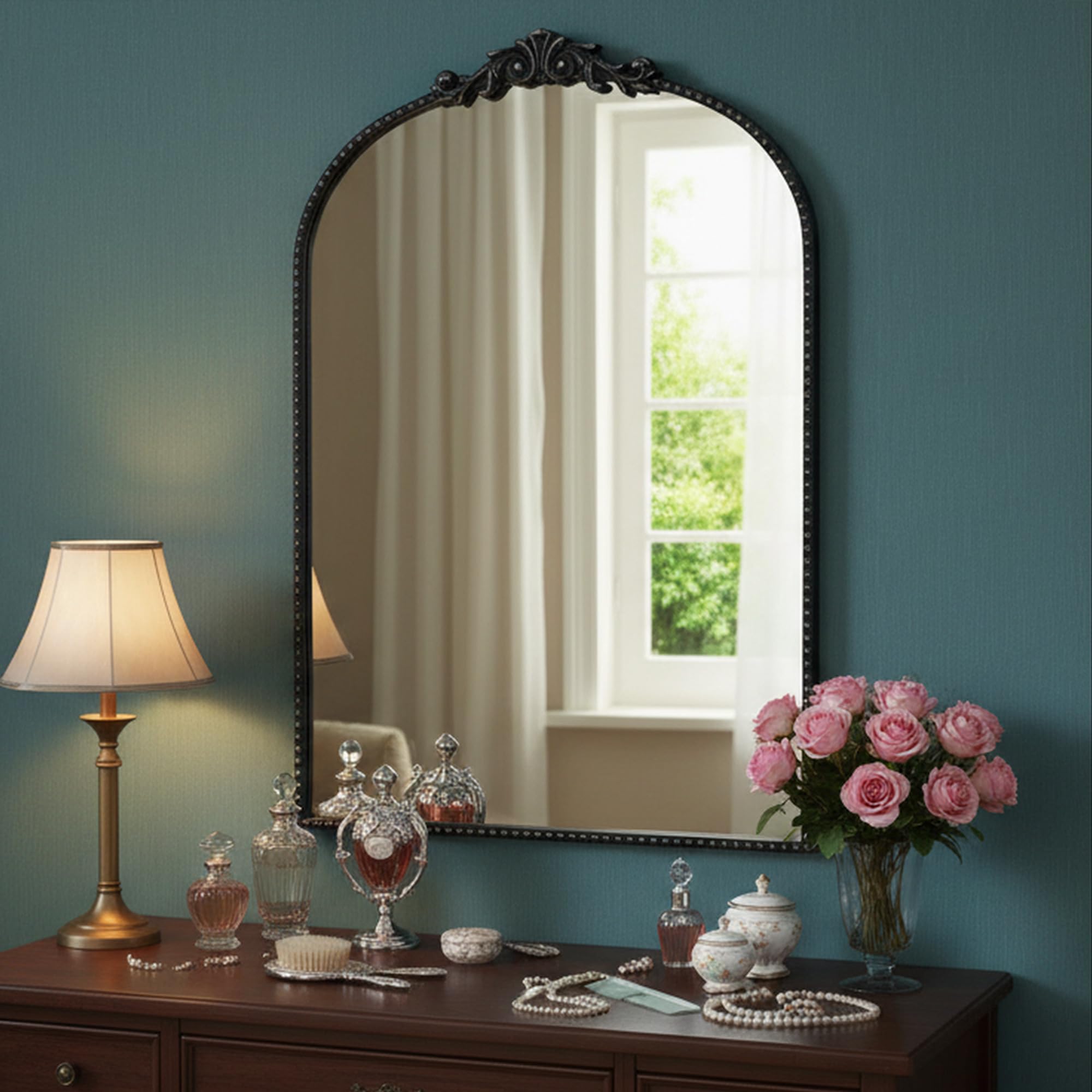 ZIYOO Vintage Baroque Round Wall Mirror 24"x24", Black Ornate Carved Frame Decor Mirror for Entryway Living Room Bedroom Hallway (Black Metal,24"x24")