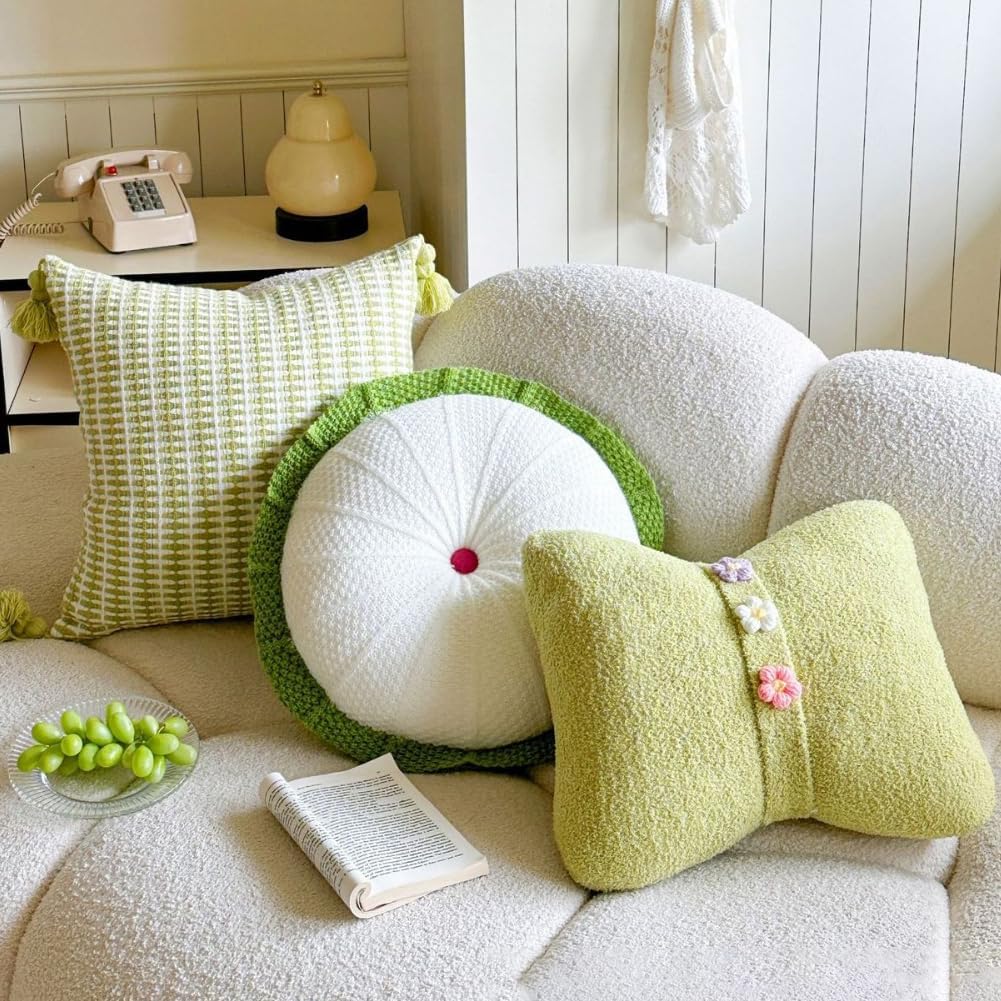 Knit Throw Pillow with Tassels Includes Insert, Soft Boho Decorative Square Pillow for Couch Sofa, Chunky Cotton Feel, Light Green (Square)