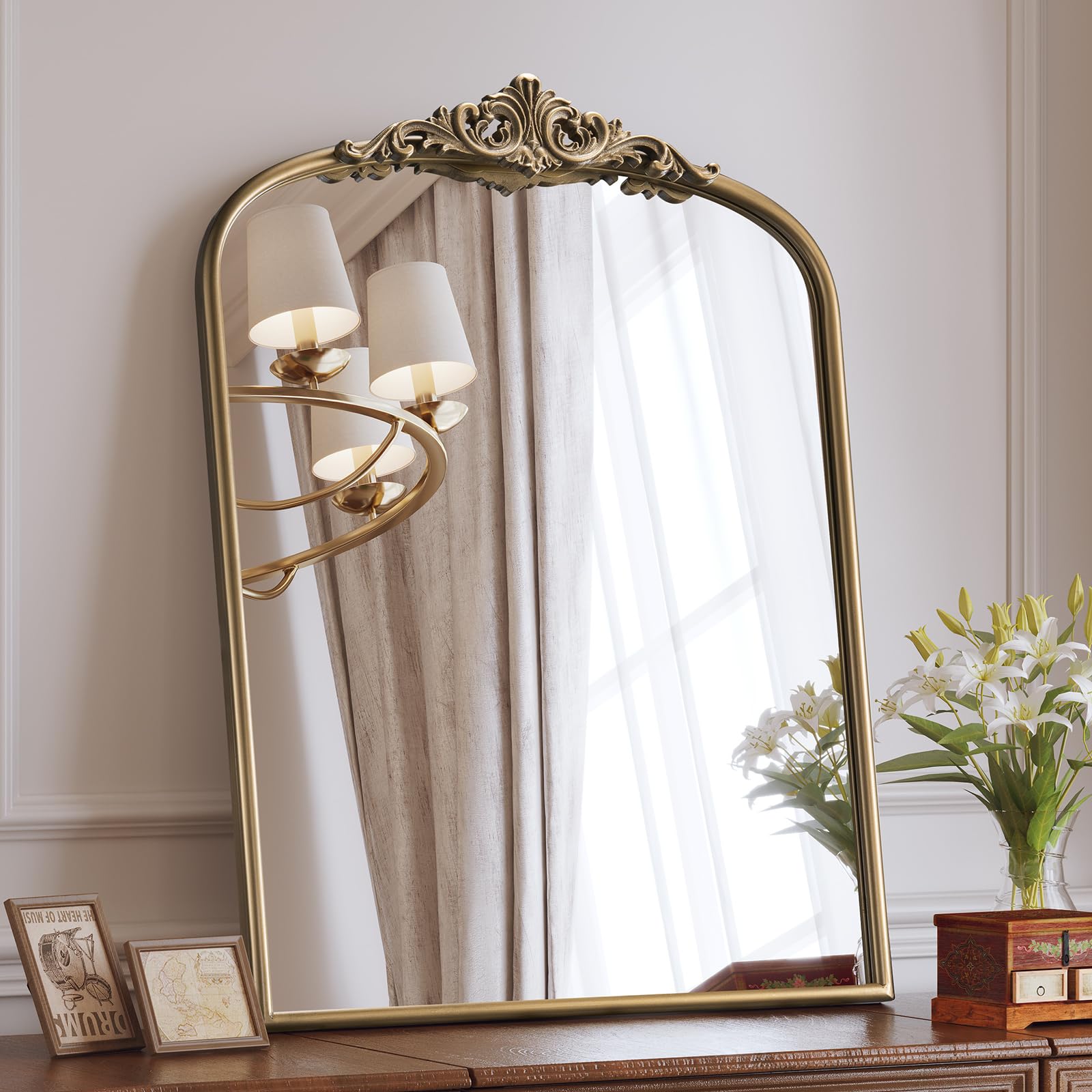 Vintage Baroque Arched Wall Mirror, 30"x40" Antique Gold Bathroom Wall Mirrors, Large Ornate Arch Bronze Mirror for Over Sink, Fireplace, Entryway, Living Room, Hanging or Leaning
