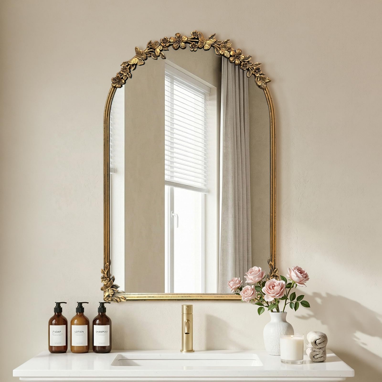 Antique Baroque Vintage Vanity Mirror 30x20Inch, Gold with Ornate Antique Frame, Arched Vintage Wall Mirror for Living Room, Fireplace, Entryway