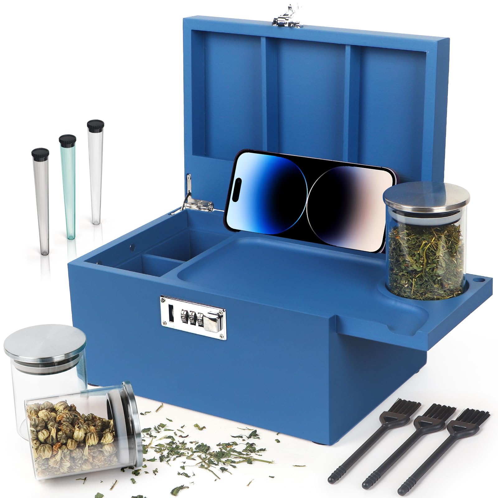 Large Green Bamboo Box with Combination Lock, Decorative Storage Box with Removable Tray & Detachable Compartment, Wooden Boxes with Alright Jars & Brushes & Storage Tubes as Great Gift Choice.