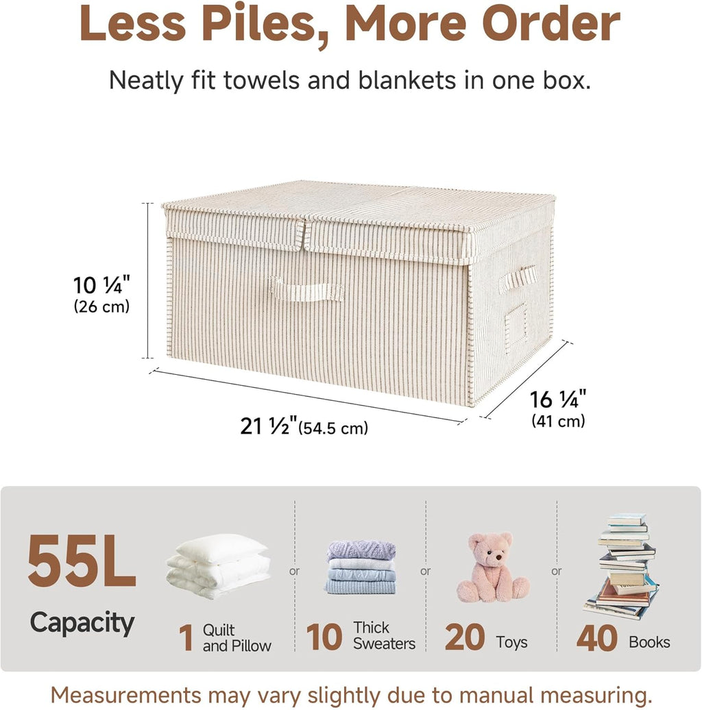 StorageWorks Extra Large Storage Bins with Lids, 55L Decorative Organizer with Divider Board, Fabric Boxes with Handles, Khaki and Beige Stripes, 2-Pack
