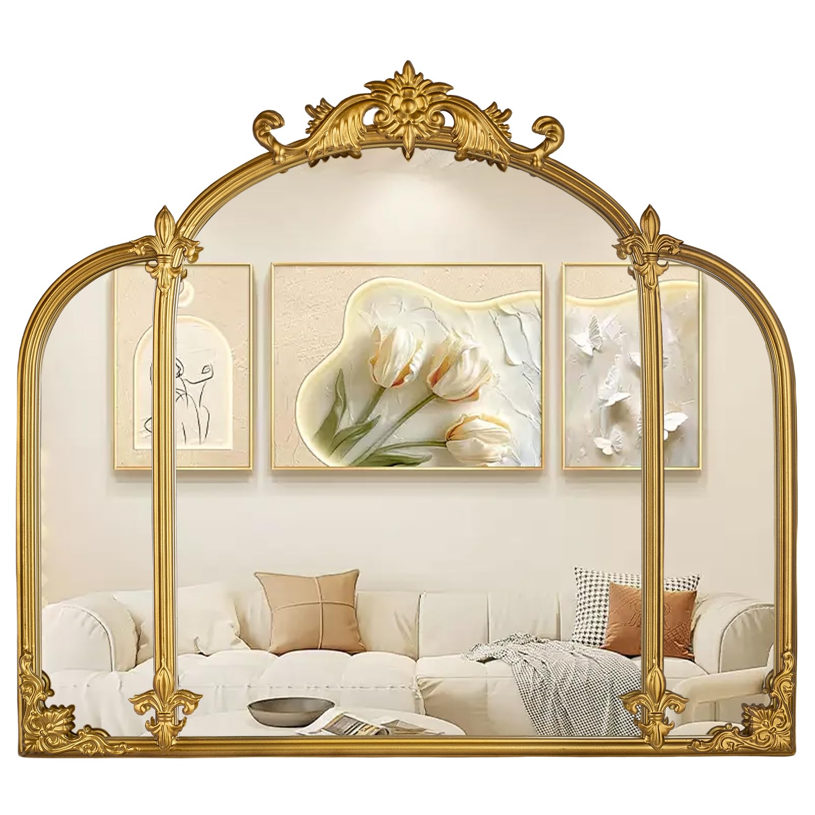 24"x22" Gold Arch Wall Mirror, Vintage Ornate Baroque Mirror with Metal Frame, Decorative Vanity Mirror for Dresser, Bedroom, Bathroom, Fireplace, Entryway, Hallway