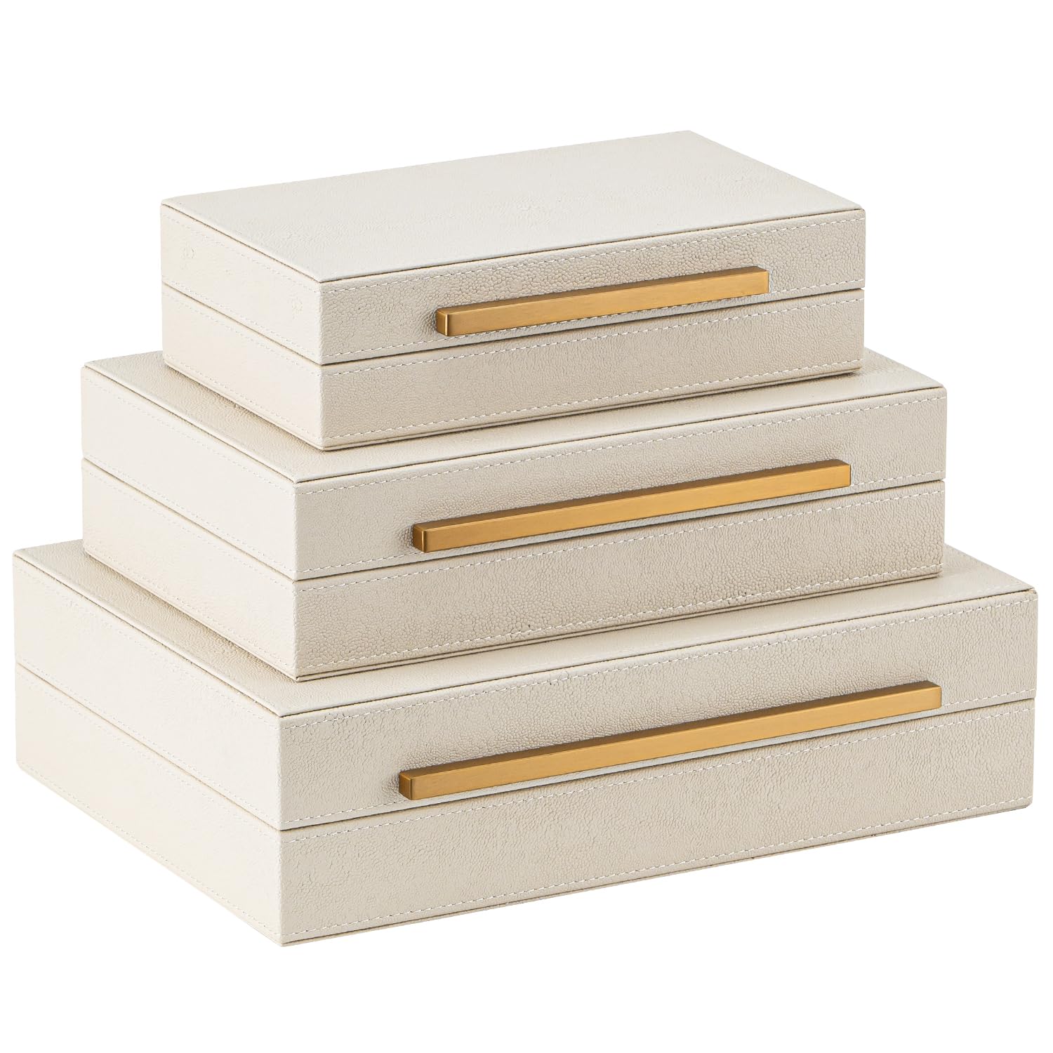 XIGEXIGE Faux Leather Large Modern Stackable Nesting Jewelry Box with Lids Organizer – Set of 2 Beige Shagreen Decorative Storage Boxes with Gold Metal Handles
