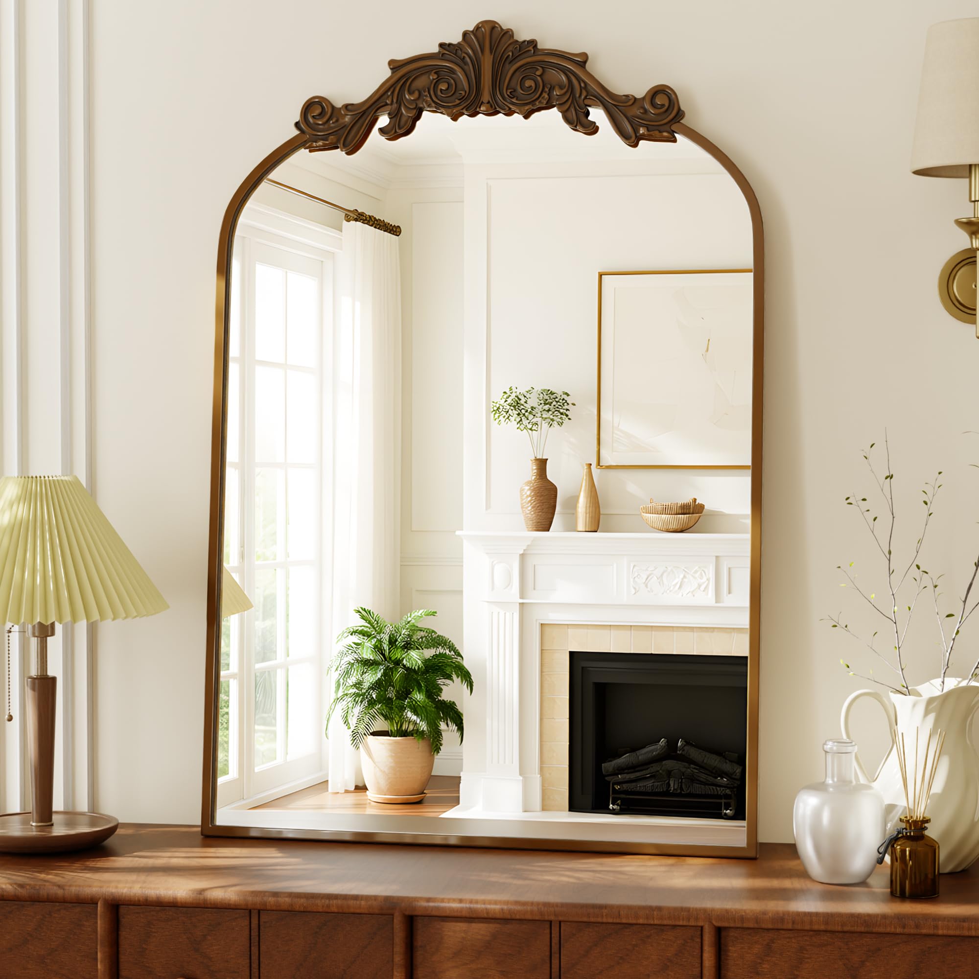 VooBang Vintage Arched Bathroom Mirror, 24x36 Inch Retro Wall Mounted Vanity Mirror with Carved Pattern Top and Metal Frame, Antique Decorative Mirror for Hanging or Leaning