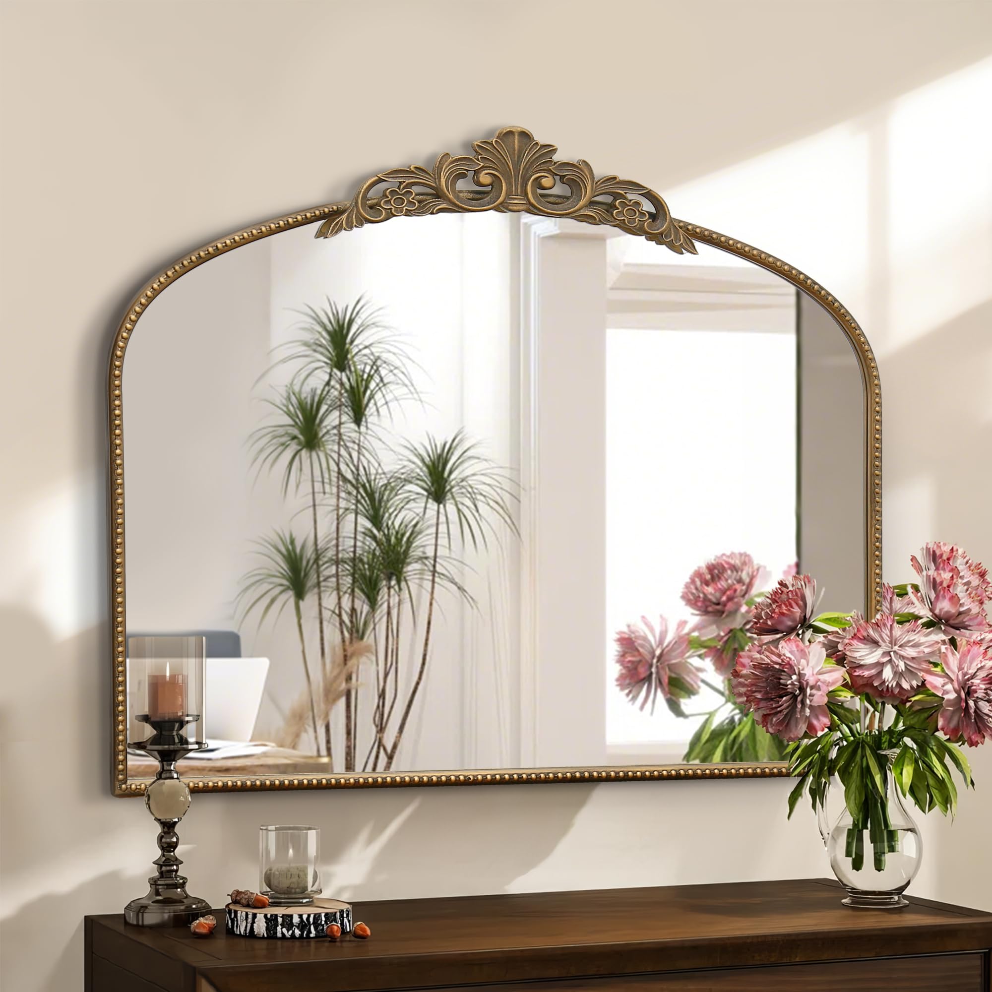 Micasso Vintage Wall Bronze Mirror: 32"x24" French Baroque Antique Mirror - Traditional Ornate Decorative Arched for Wall/Bathroom/Entryway/Fireplace/Hallway - Home Decor for Living Room