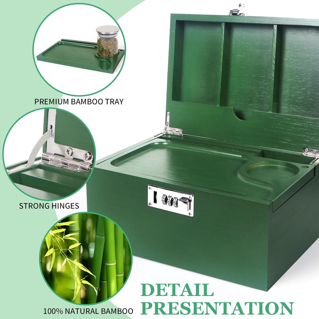 Large Green Bamboo Box with Combination Lock, Decorative Storage Box with Removable Tray & Detachable Compartment, Wooden Boxes with Alright Jars & Brushes & Storage Tubes as Great Gift Choice.