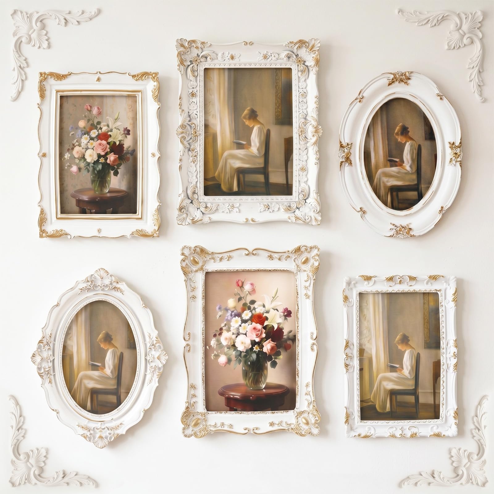 Lineshading 6 Pcs Vintage Picture Frames for Wall or Tabletop Antique Picture Frame 5"x7" 4"x6" Ornate French Country Frame Baroque Victorian Photo Frames for Gallery Home Farmhouse Decor (Gold)
