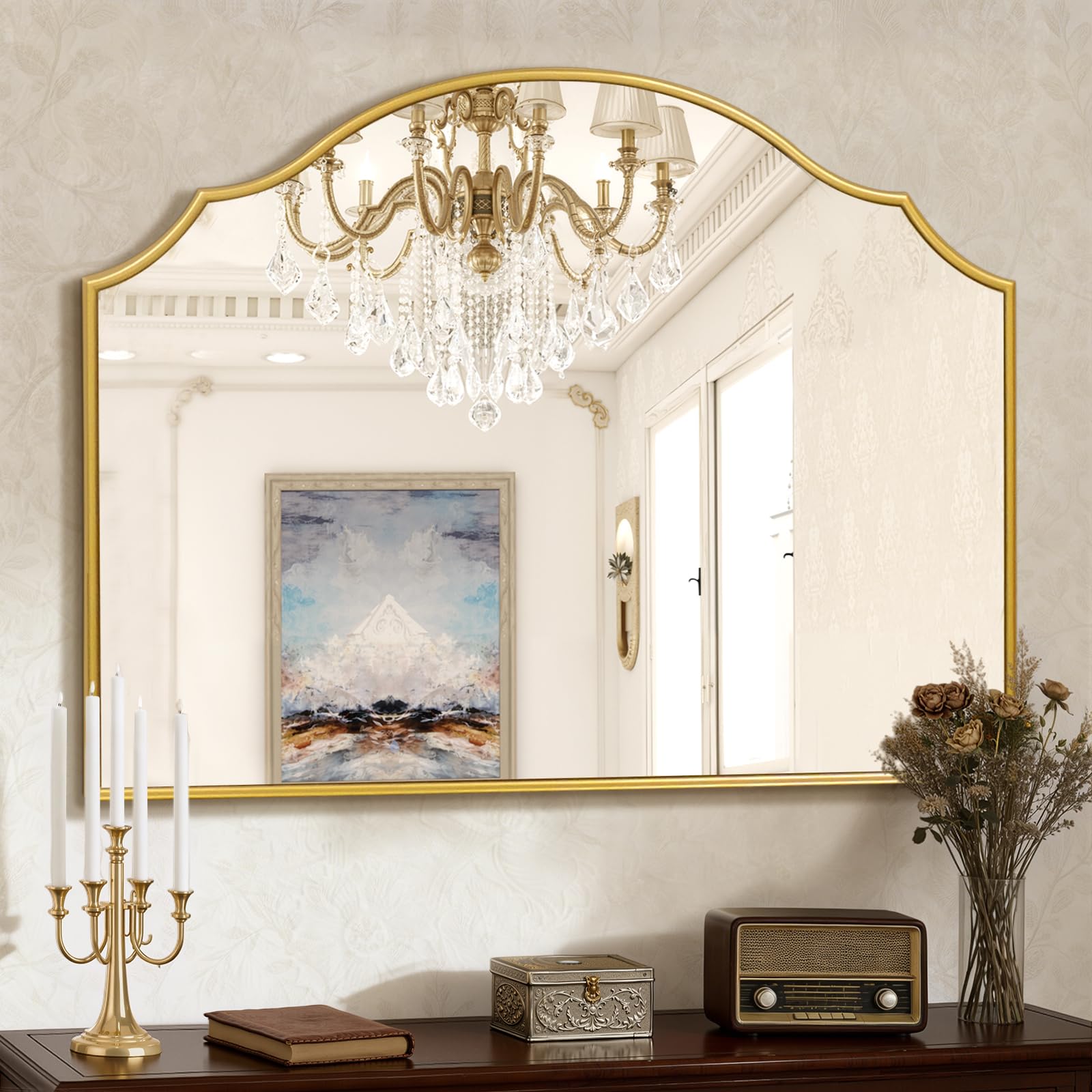 Vintage Gold Entryway Mirrors for Wall, 36"x29" Traditional Antique Baroque Mirror Decorative, Ornate Arched Mirror for Fireplace, Hallway, Bathroom, Living Room