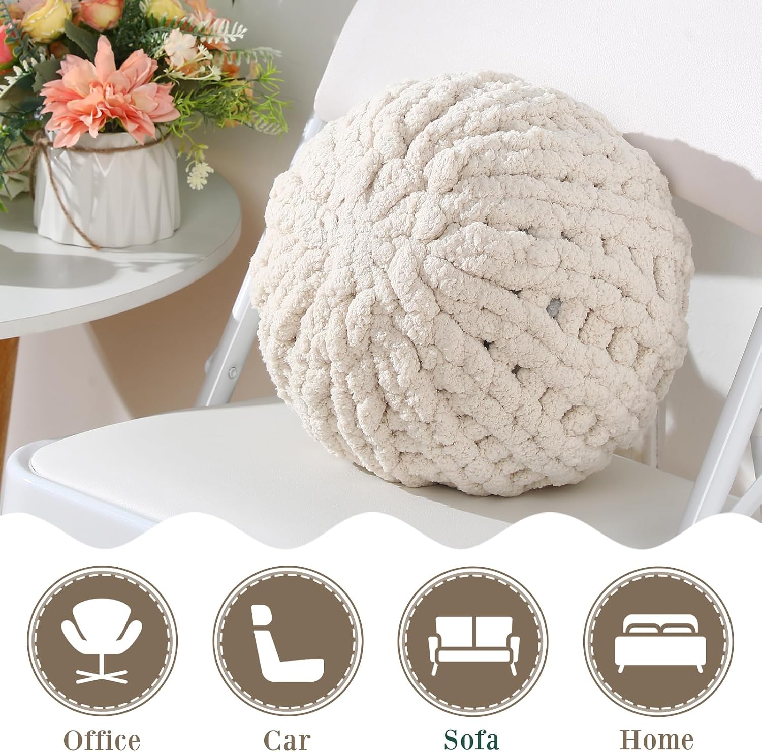 Suzile 2 Pcs Round Knot Pillows Gifts 13.8 Inch Chunky Knitted Throw Pillows Handmade Cushions Soft Circle Supplies for Home Bed Sofa Couch Housewarming Decoration(Beige)