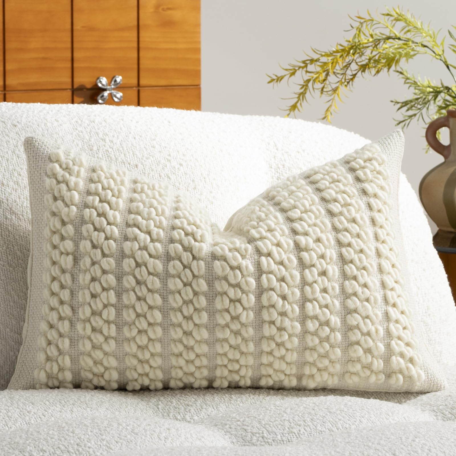 DEZENE Wool Boucle Throw Pillow Cover Premium Chic Accents Square Textured Decorative Pillow Case for Living Room Couch Sofa Home Decor 18"x18" Beige