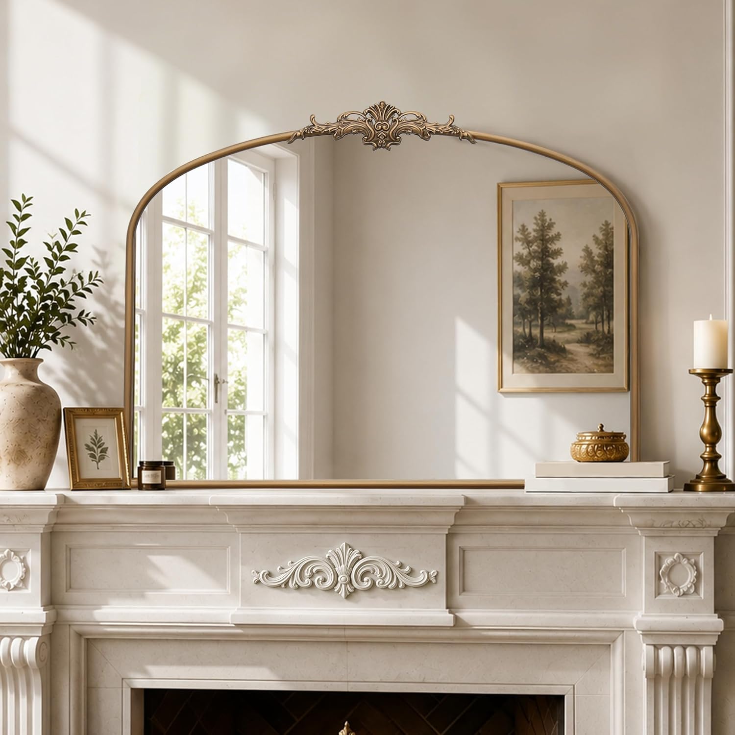 Besdomus Vintage Arched Gold Mirror: 40"x29" French Large Brass Antique Wall Vanity Mirror - Decorative Baroque Traditional Ornate for Entryway/Fireplace/Bathroom/Bedroom - Ideal for Home Renovations