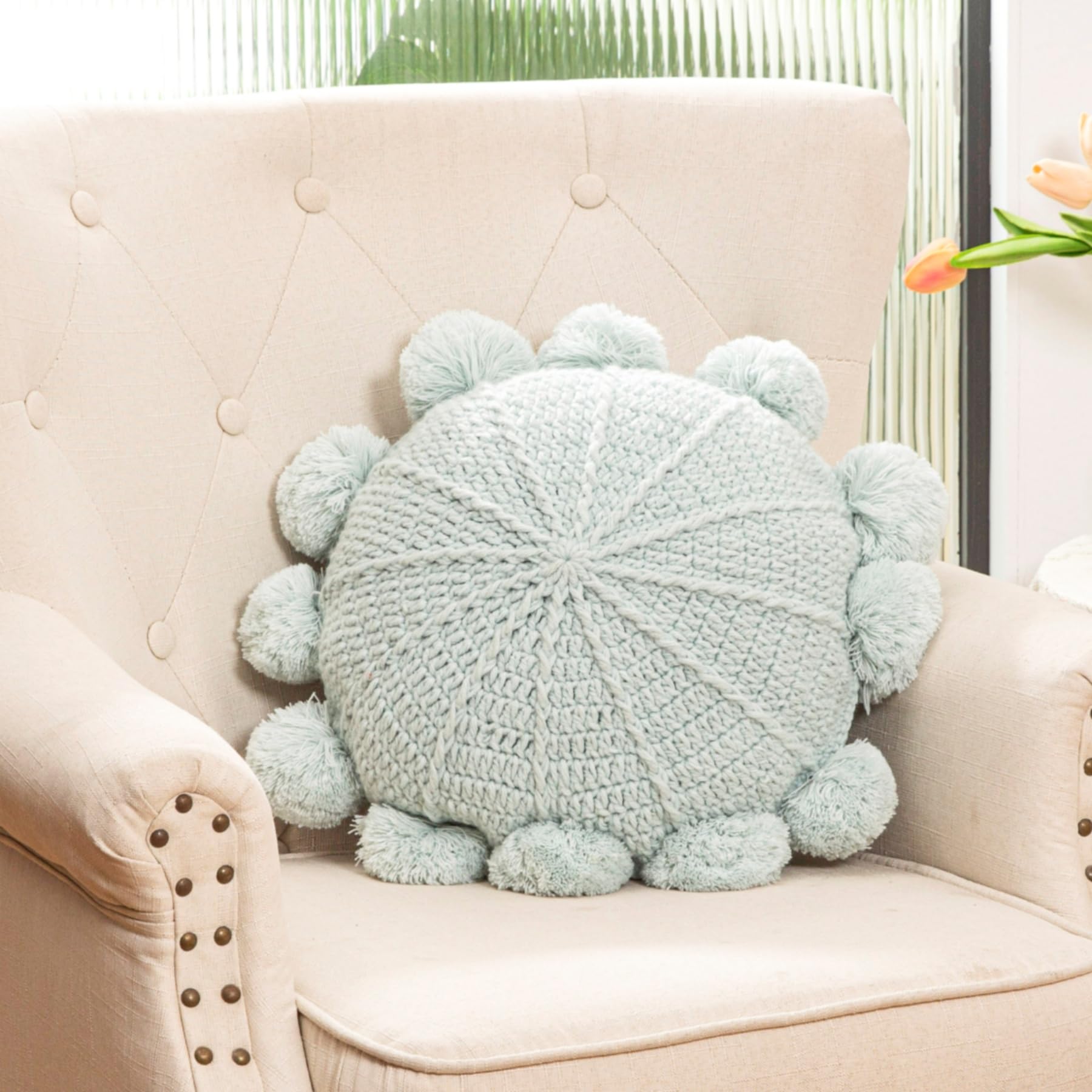 Knitted Round Throw Pillow Handmade Couch Pillow Decorative Pillow with Pom Pom (Beige, 18inch)