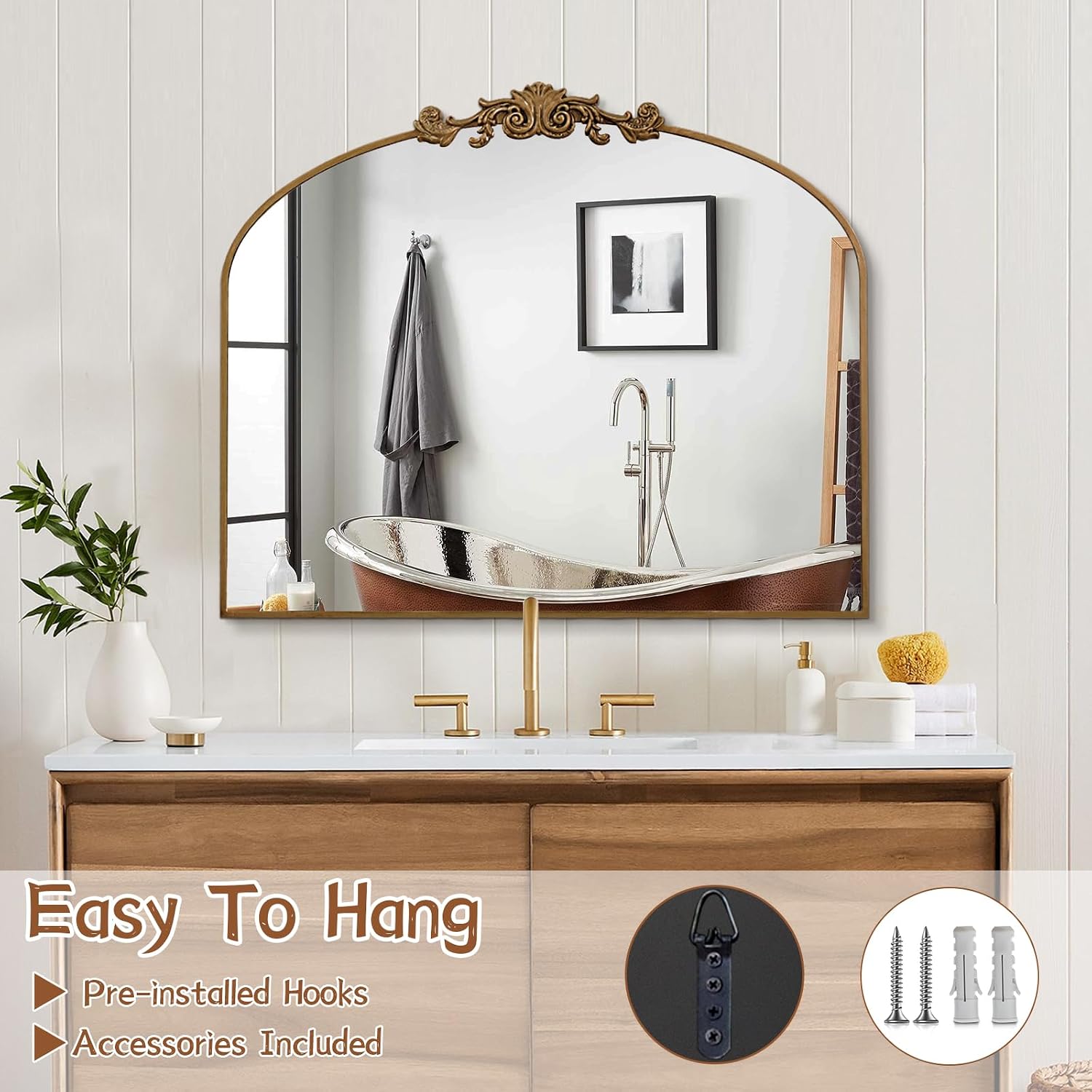 Vintage Gold Entryway Mirrors for Wall, 36"x29" Traditional Antique Baroque Mirror Decorative, Ornate Arched Mirror for Fireplace, Hallway, Bathroom, Living Room
