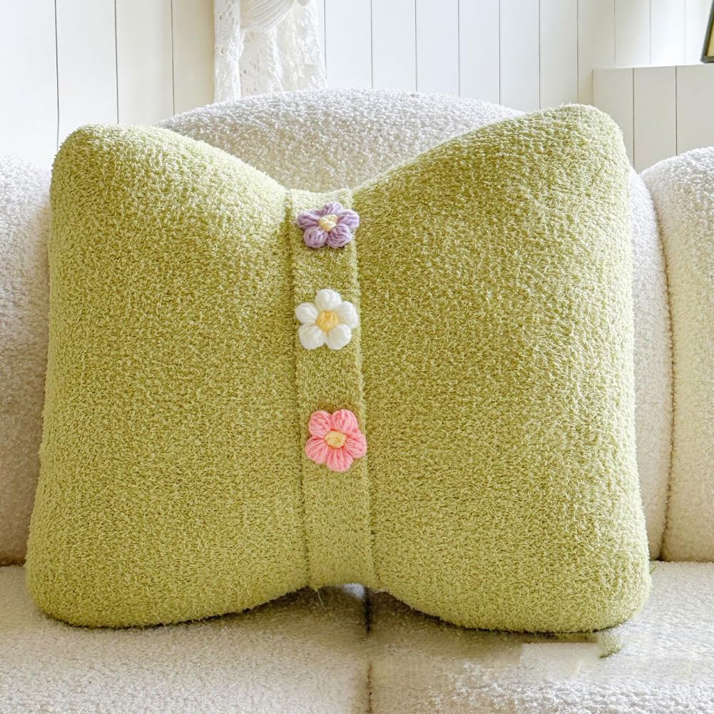 Knit Throw Pillow with Tassels Includes Insert, Soft Boho Decorative Square Pillow for Couch Sofa, Chunky Cotton Feel, Light Green (Square)
