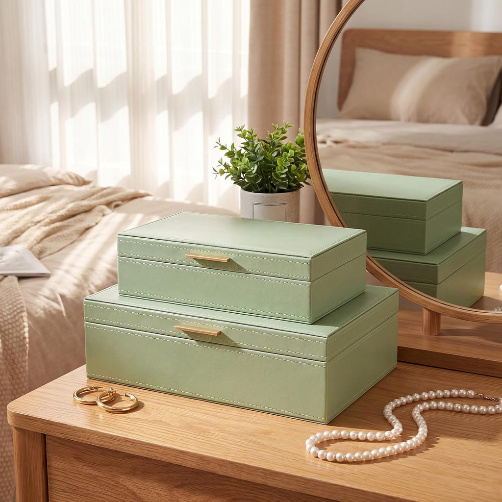 Pinkunn Faux Leather Decorative Boxes with Lids Set of 2 Beautiful PU Leather Organizer Bins for Your Bookshelf Home Large Nesting Storage Decorative Boxes for Modern Stacking Jewelry Box(Sage Green)