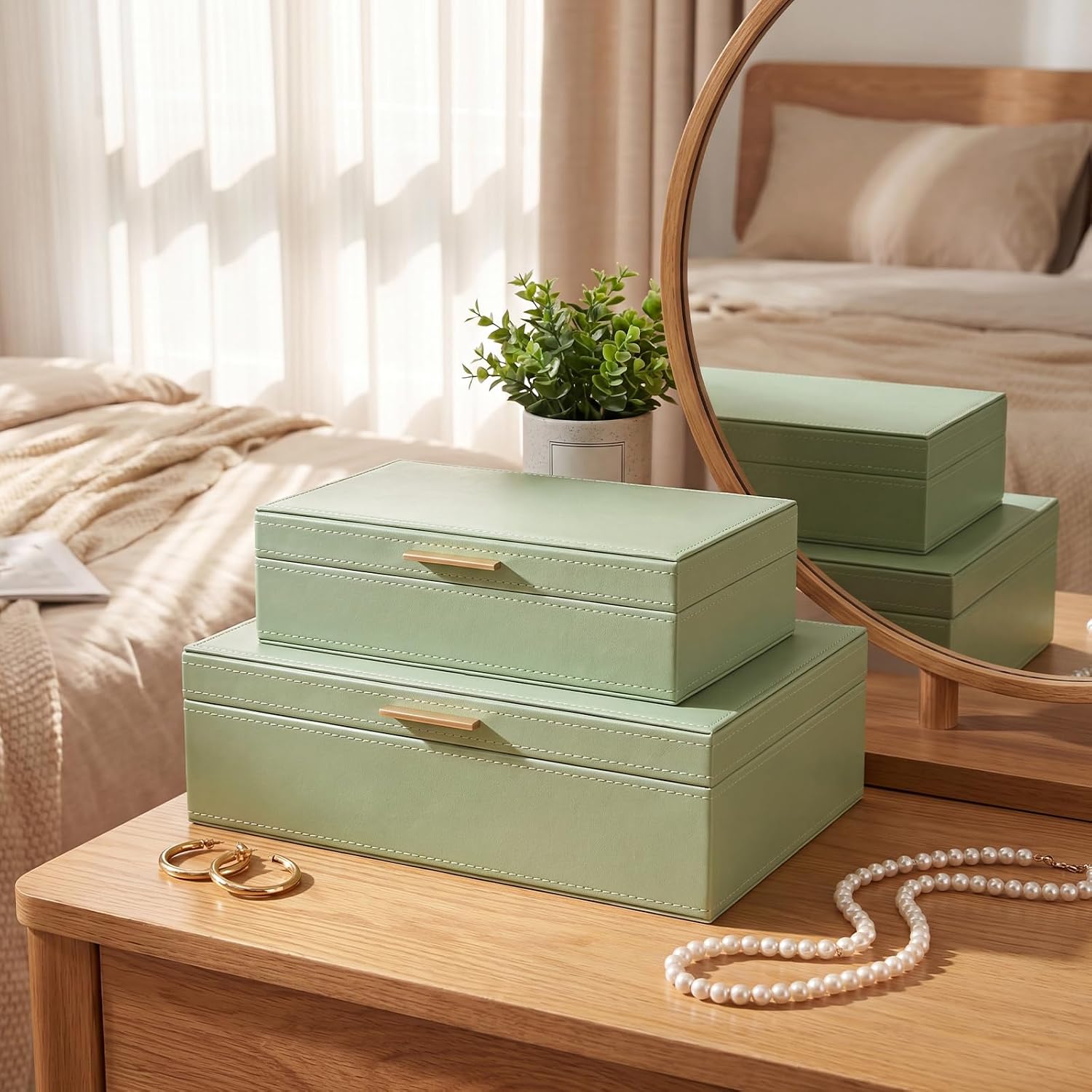 Pinkunn Faux Leather Decorative Boxes with Lids Set of 2 Beautiful PU Leather Organizer Bins for Your Bookshelf Home Large Nesting Storage Decorative Boxes for Modern Stacking Jewelry Box(Sage Green)