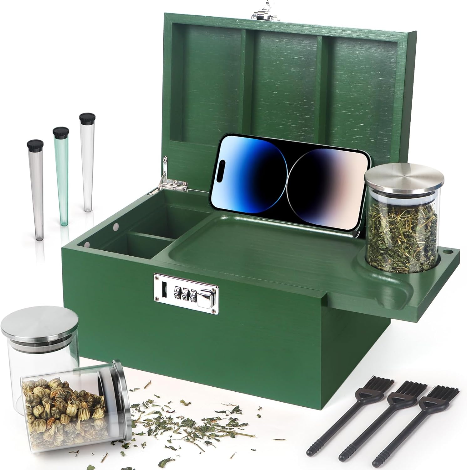 Large Green Bamboo Box with Combination Lock, Decorative Storage Box with Removable Tray & Detachable Compartment, Wooden Boxes with Alright Jars & Brushes & Storage Tubes as Great Gift Choice.