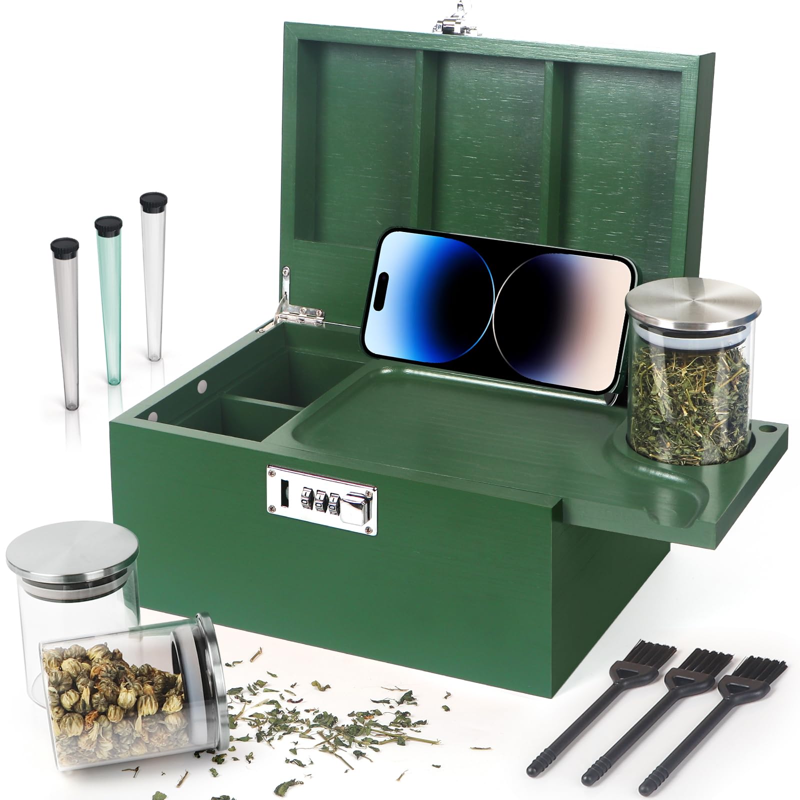 Large Green Bamboo Box with Combination Lock, Decorative Storage Box with Removable Tray & Detachable Compartment, Wooden Boxes with Alright Jars & Brushes & Storage Tubes as Great Gift Choice.