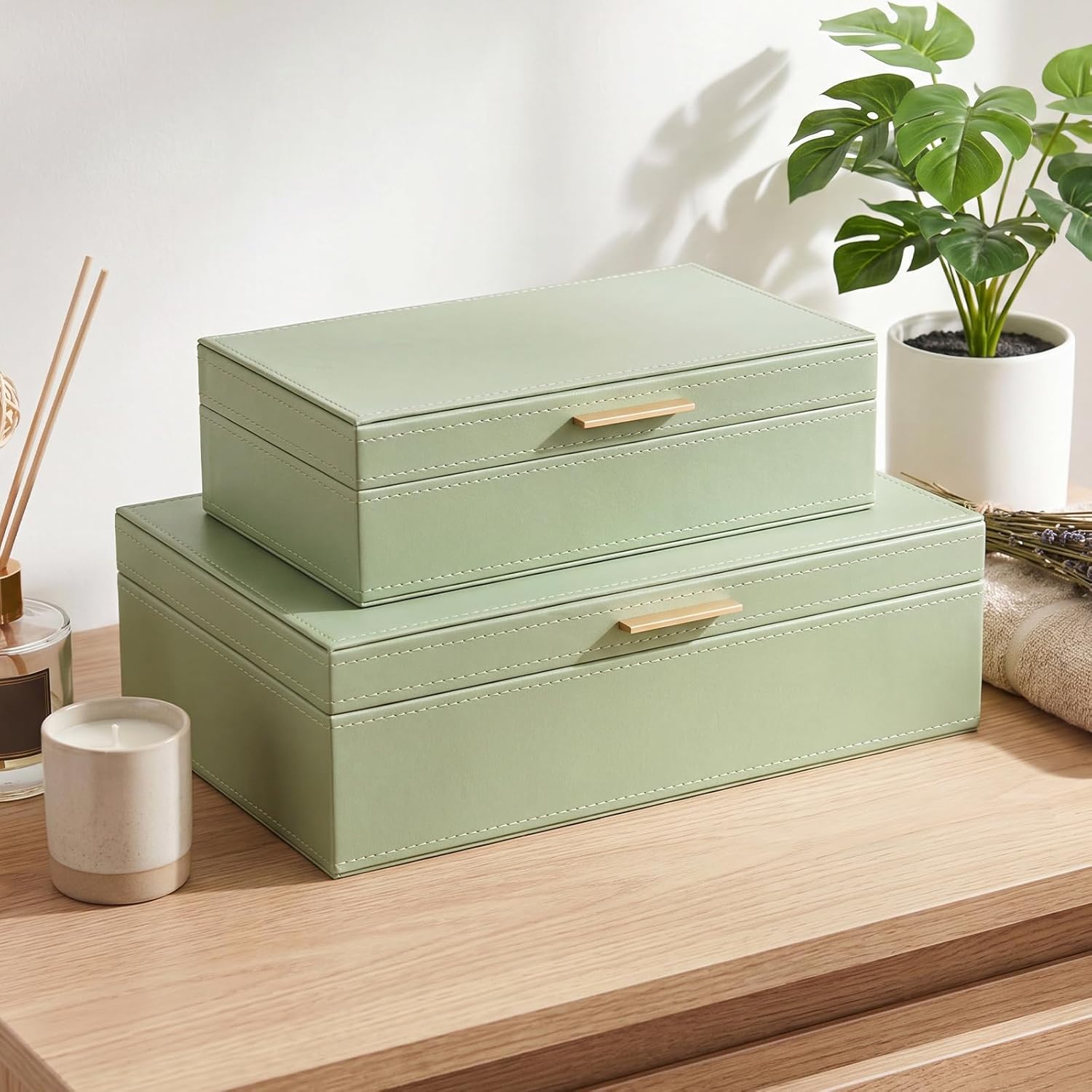 Pinkunn Faux Leather Decorative Boxes with Lids Set of 2 Beautiful PU Leather Organizer Bins for Your Bookshelf Home Large Nesting Storage Decorative Boxes for Modern Stacking Jewelry Box(Sage Green)