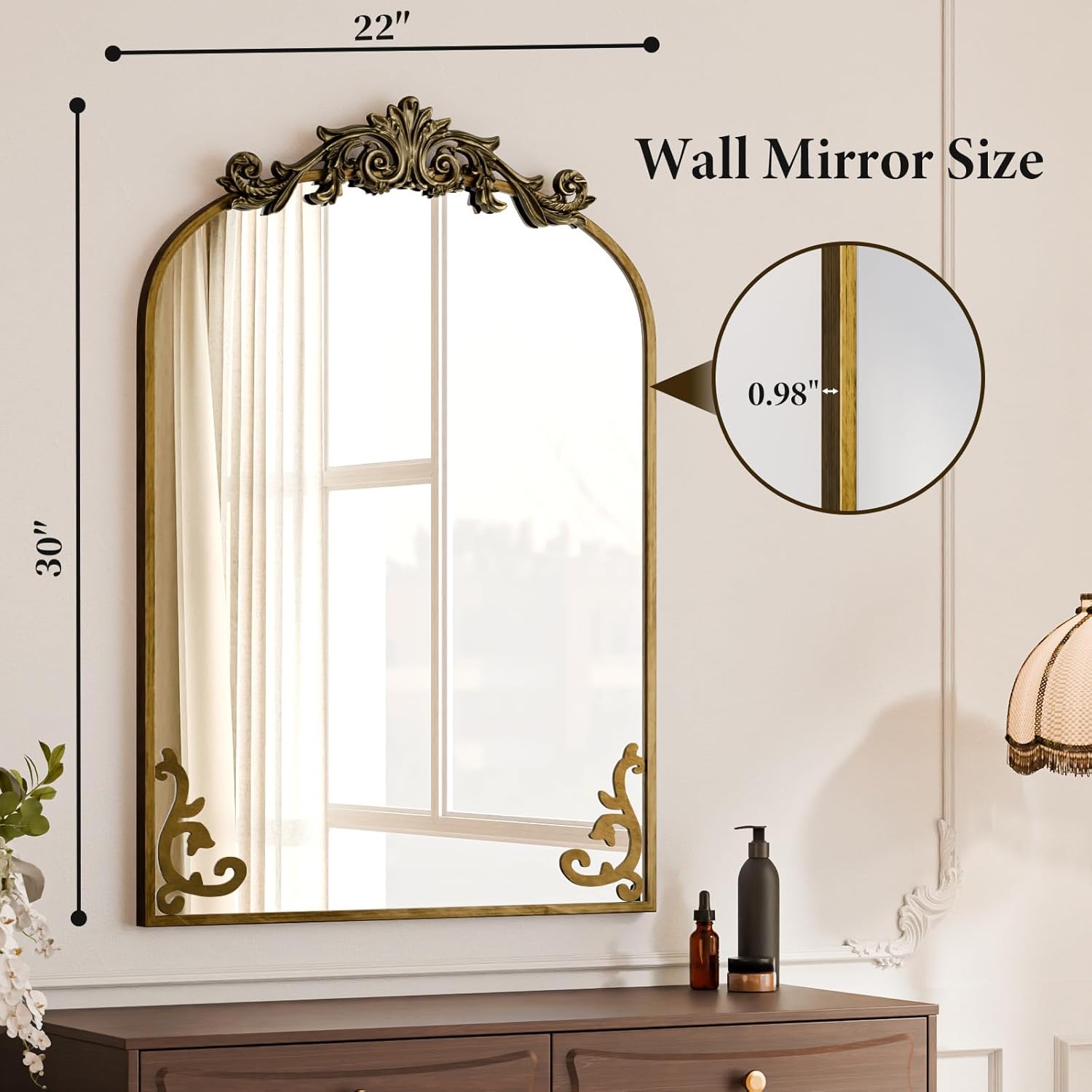 Koonmi Vintage Mirror, 22x30 Antique Barolon Mirror for Wall, Bronze Frame with Ornate Patterns, Flower Head, Shatter-Proof Tempered Glass Arched Decorative Mirrors for Bathroom