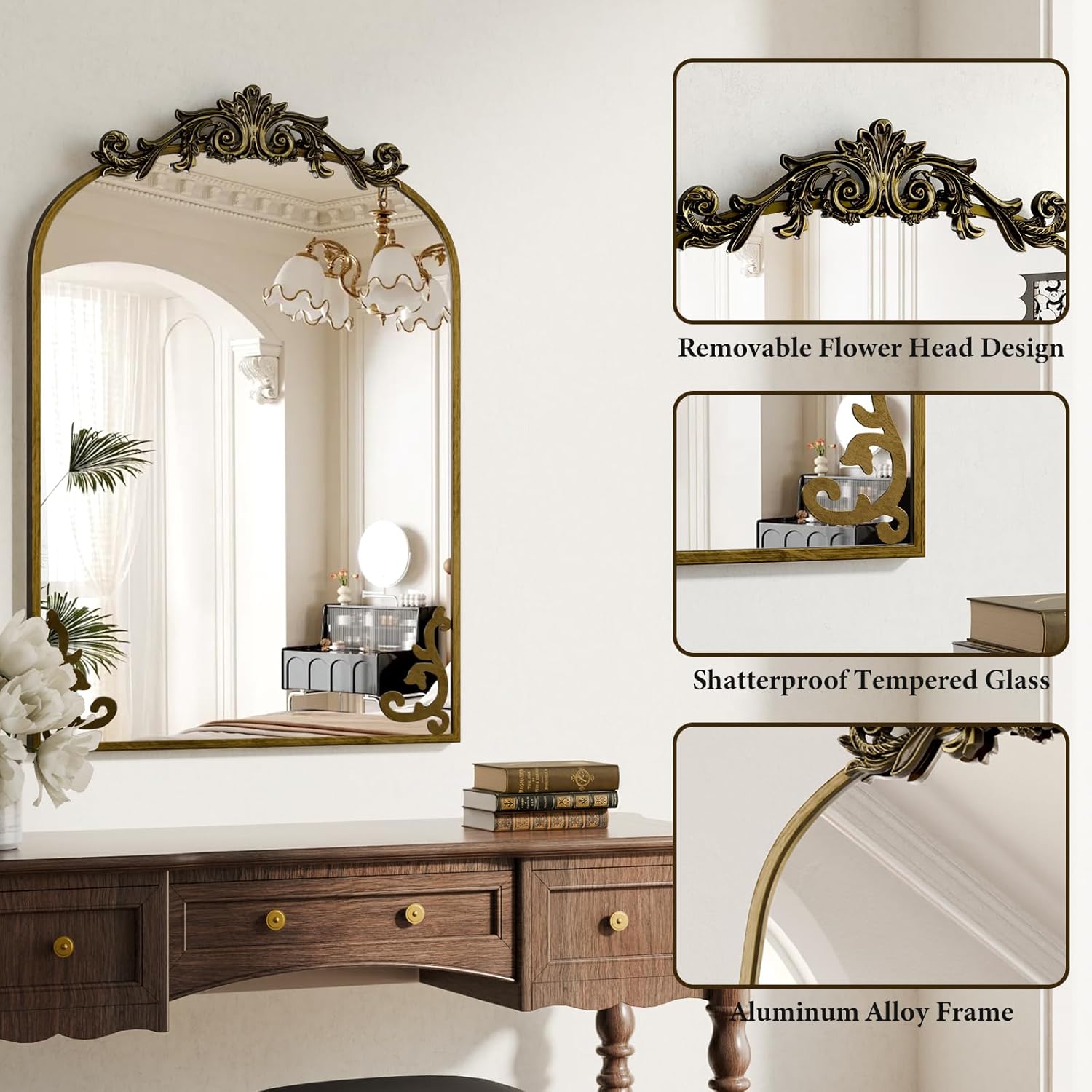 Koonmi Vintage Mirror, 24x36 Antique Barolon Mirror for Wall, Bronze Frame with Ornate Patterns, Flower Head, Shatter-Proof Tempered Glass Arched Decorative Mirrors for Bathroom