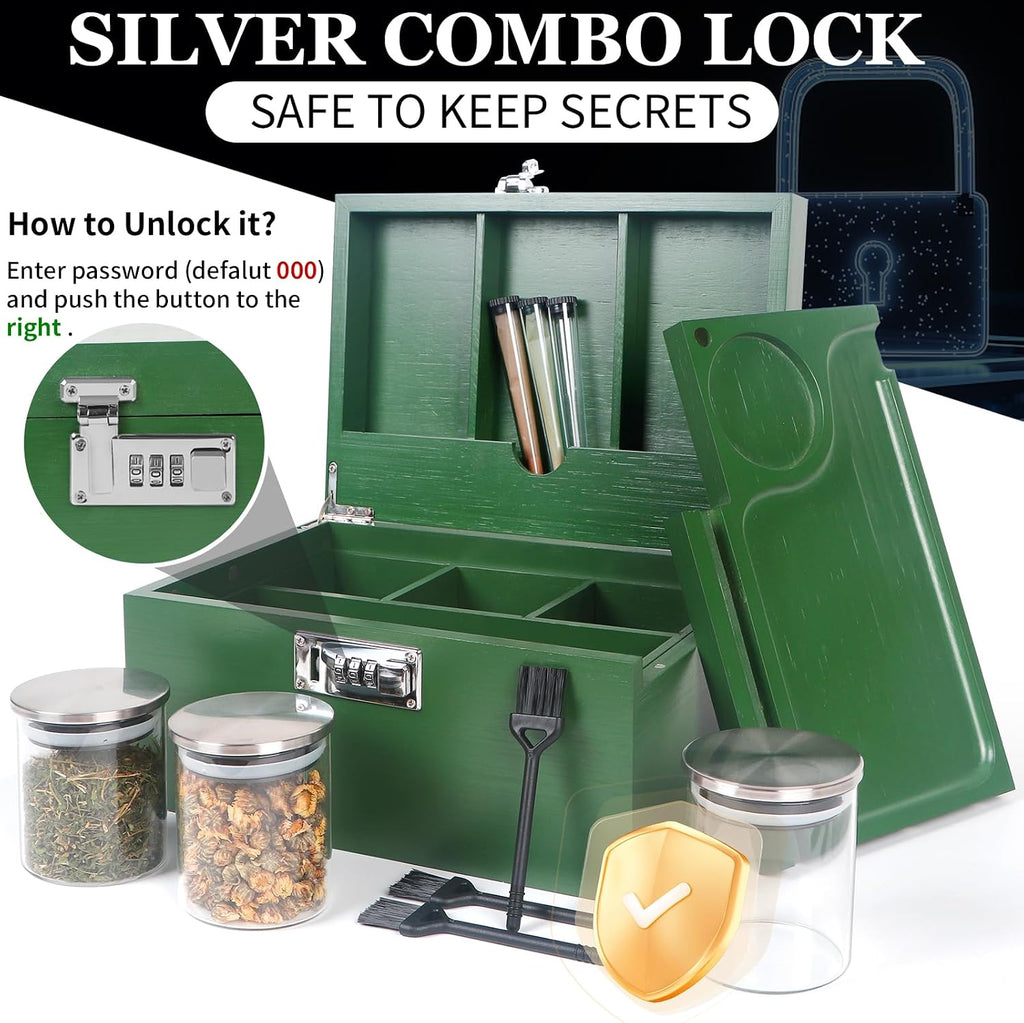 Large Green Bamboo Box with Combination Lock, Decorative Storage Box with Removable Tray & Detachable Compartment, Wooden Boxes with Alright Jars & Brushes & Storage Tubes as Great Gift Choice.