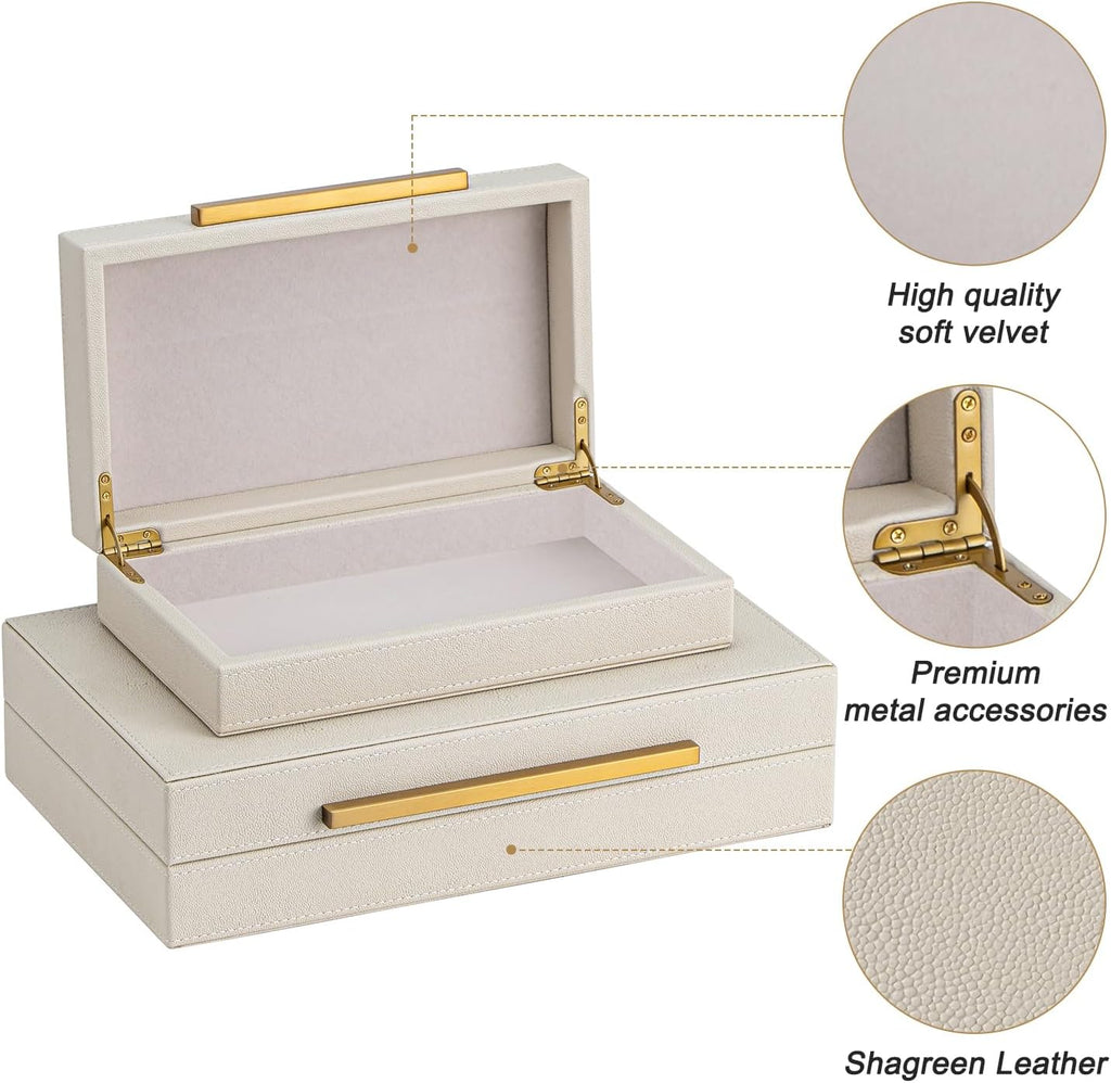 XIGEXIGE Faux Leather Large Modern Stackable Nesting Jewelry Box with Lids Organizer – Set of 2 Beige Shagreen Decorative Storage Boxes with Gold Metal Handles