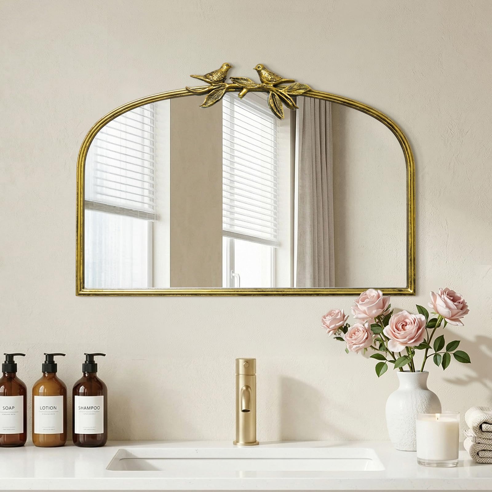 Antique Baroque Vintage Vanity Mirror 30x20Inch, Gold with Ornate Antique Frame, Arched Vintage Wall Mirror for Living Room, Fireplace, Entryway
