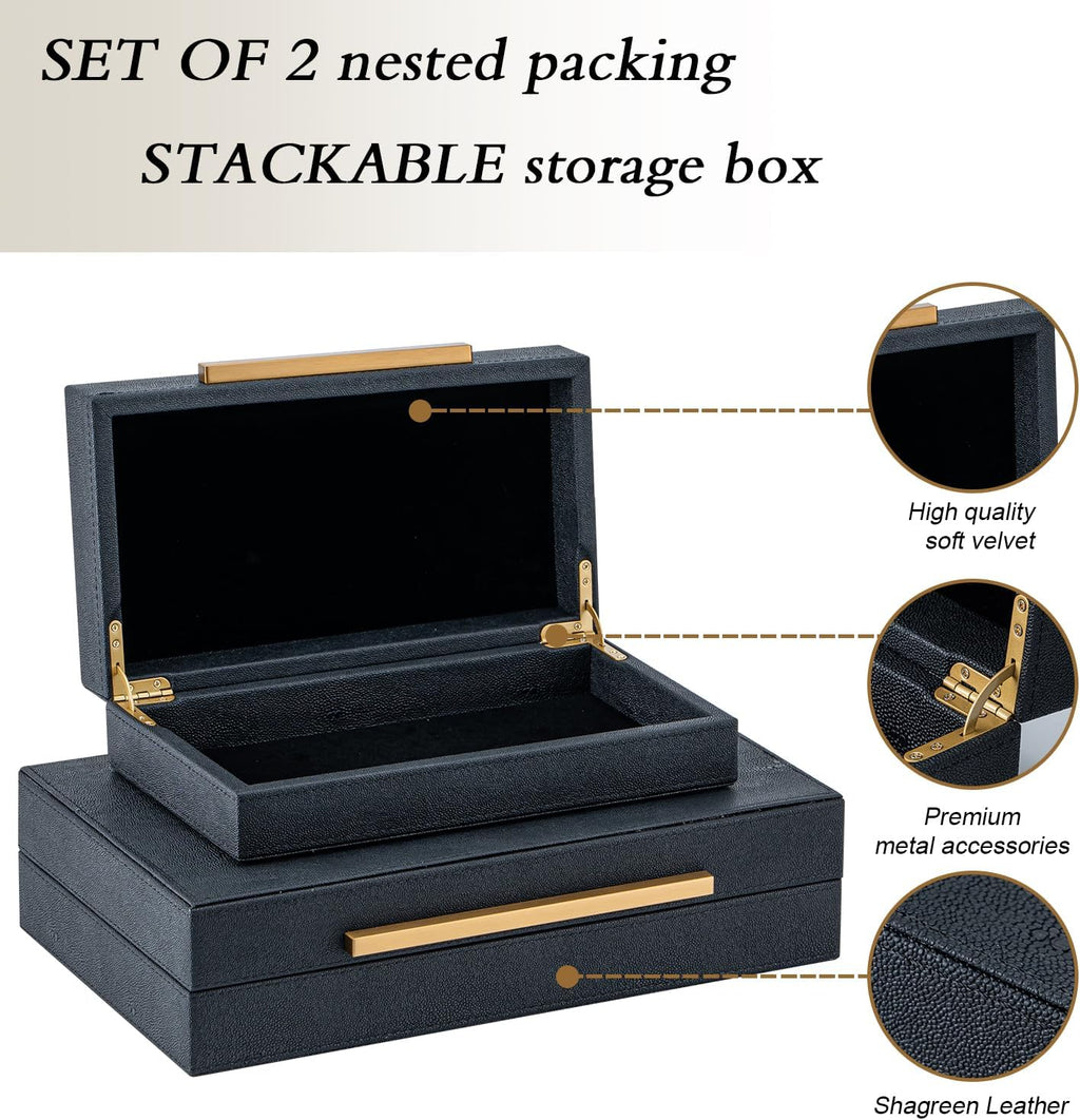 Set of 2 Black Shagreen Storage Boxes with Gold Metal Handles – Faux Leather Jewelry Organizer, Nesting Decorative Box for Photos, Memory Keepsake, Home & Office Decor