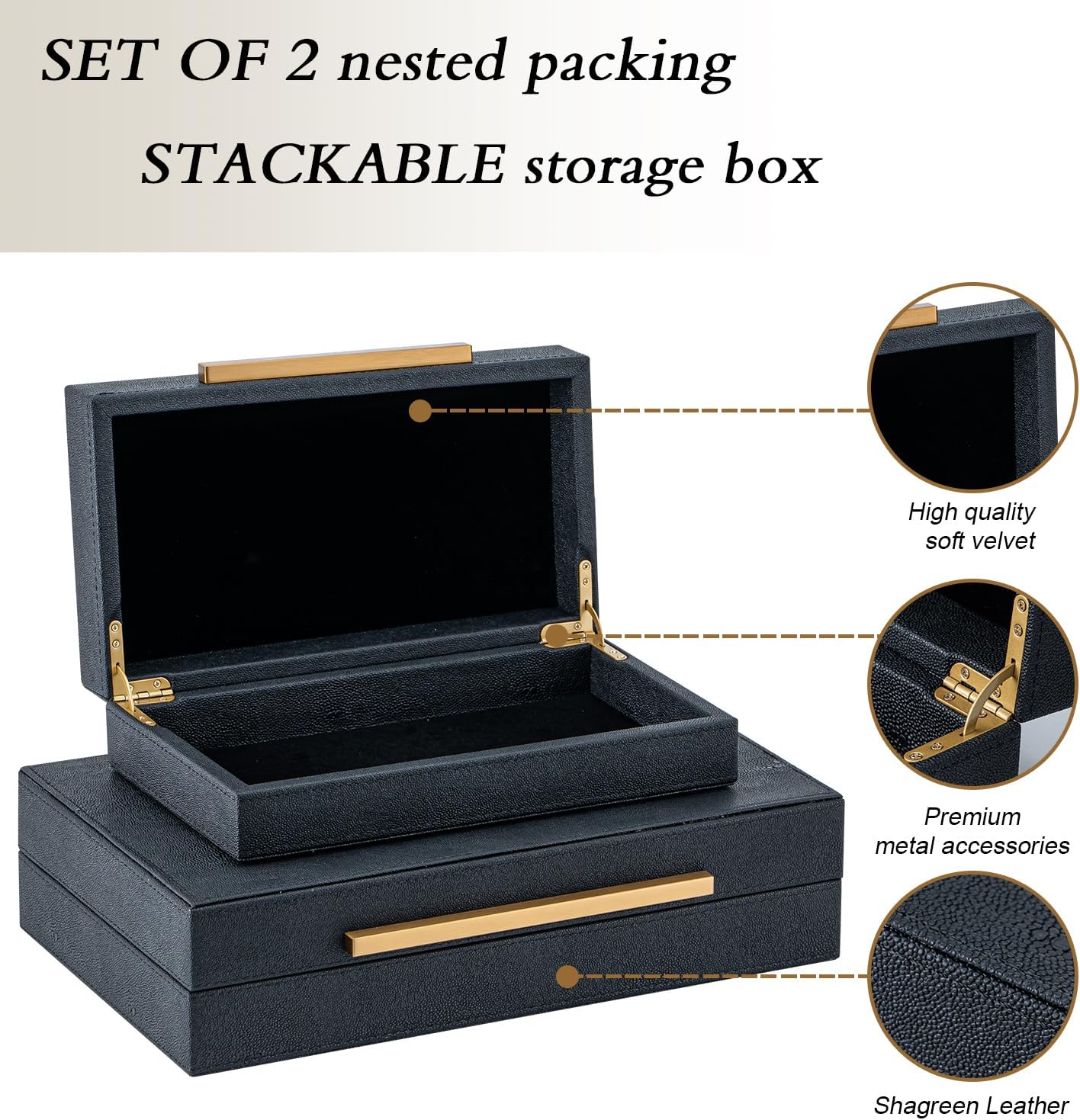 Set of 2 Black Shagreen Storage Boxes with Gold Metal Handles – Faux Leather Jewelry Organizer, Nesting Decorative Box for Photos, Memory Keepsake, Home & Office Decor