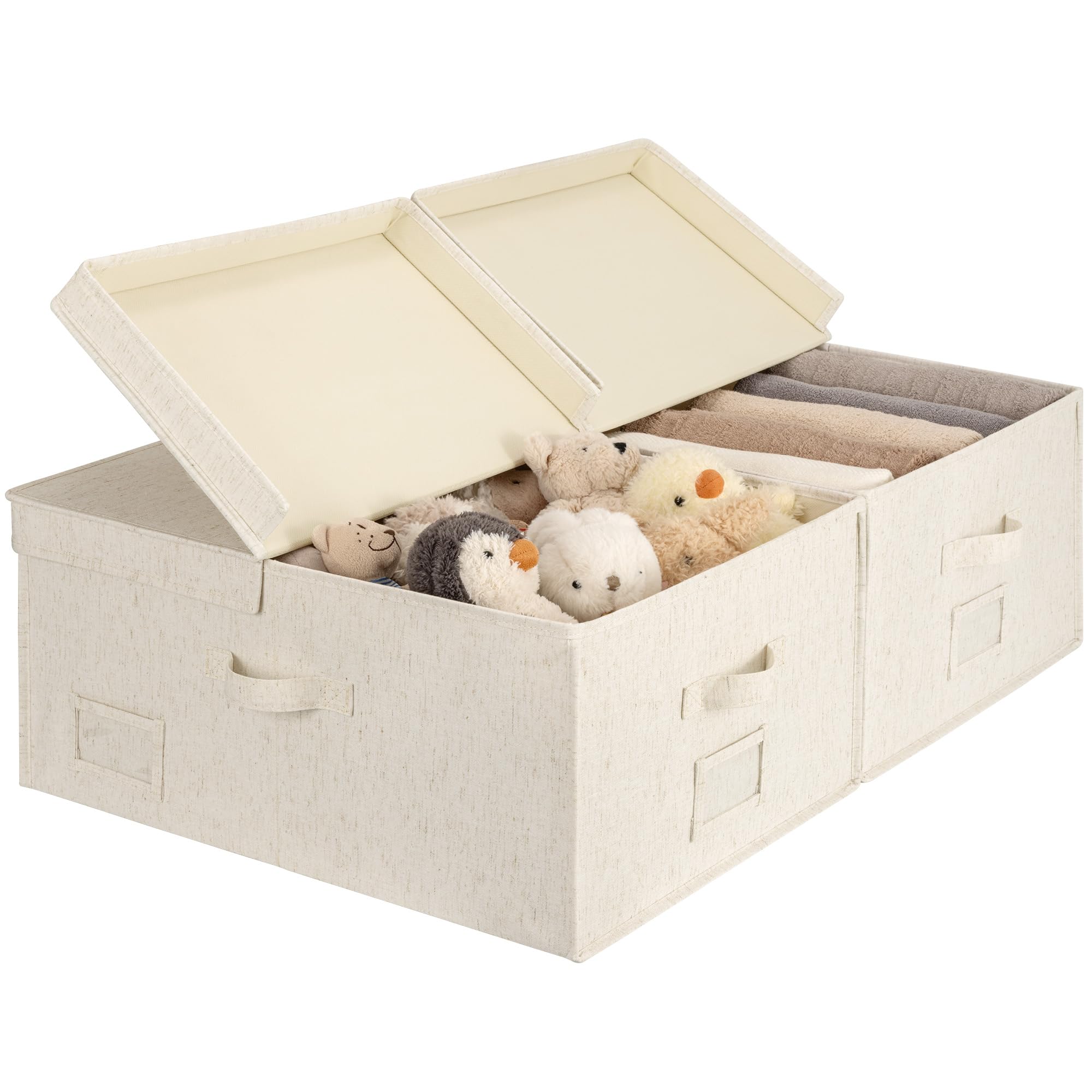StorageWorks Extra Large Storage Bins with Lids, 55L Decorative Organizer with Divider Board, Fabric Boxes with Handles, Khaki and Beige Stripes, 2-Pack