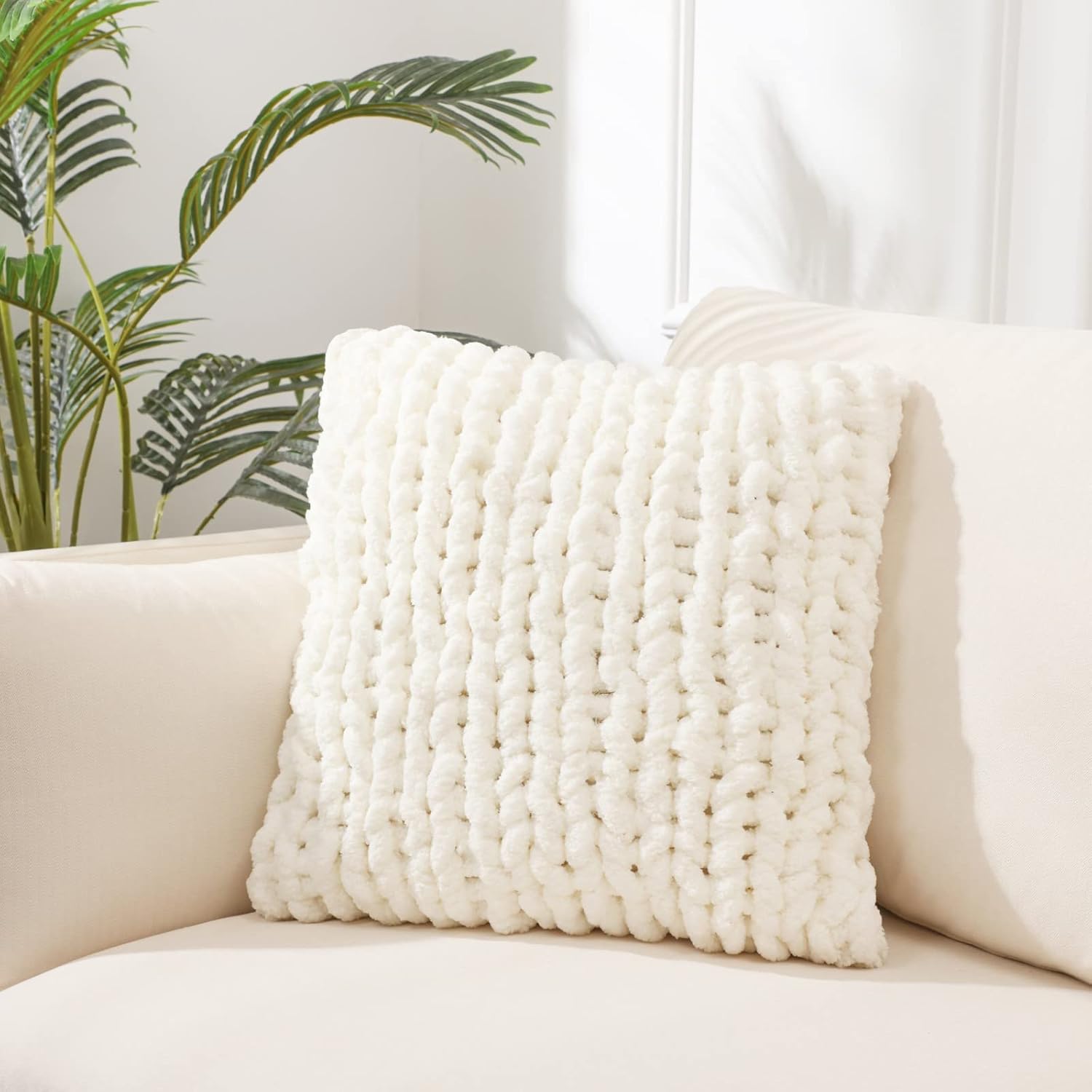 1PC 18×18 Inch Cream Chunky Knit Throw Pillow Cover, Luxury Crochet Sofa Cushion Case