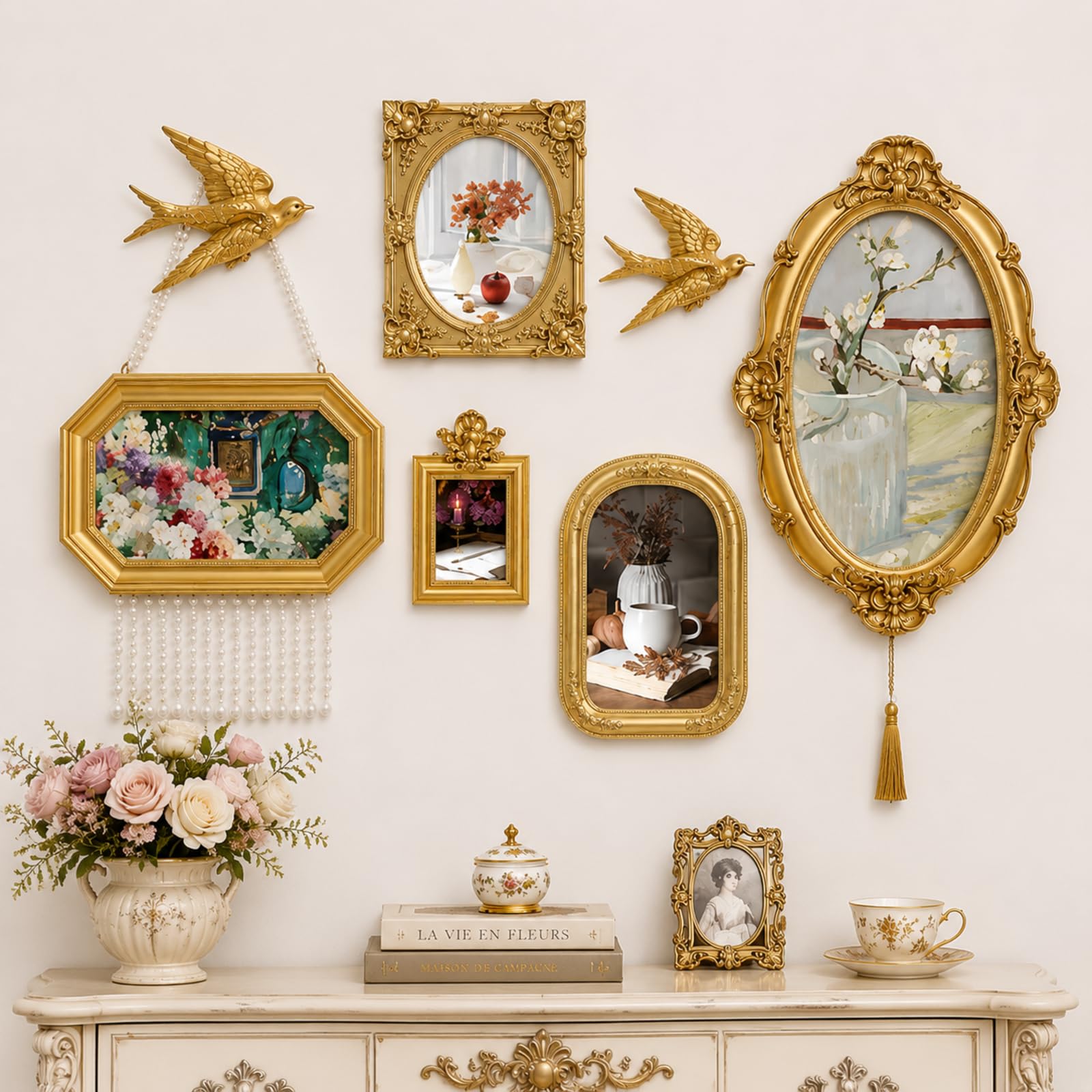 Wonderjune 3 Pcs Large Vintage Picture Frames 10" 12" Antique Picture Frame,Clear Glass Rustic Frames Retro Home Decor Wall Mount for Gallery Art Oval Square, Bronze Gold (Vintage)