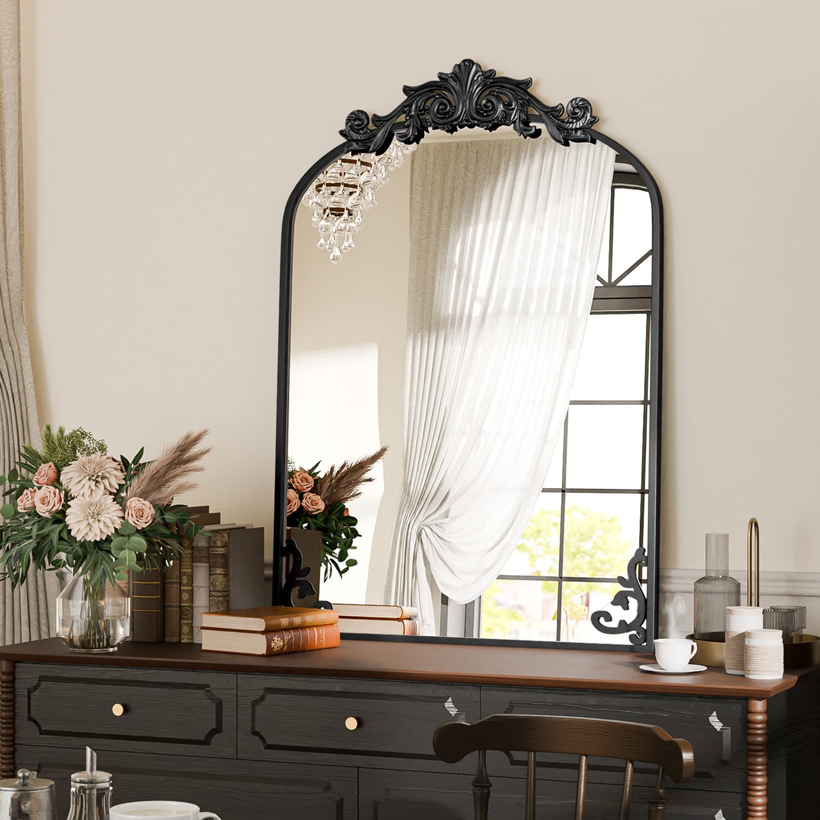 Koonmi Vintage Mirror, 24x36 Antique Barolon Mirror for Wall, Bronze Frame with Ornate Patterns, Flower Head, Shatter-Proof Tempered Glass Arched Decorative Mirrors for Bathroom