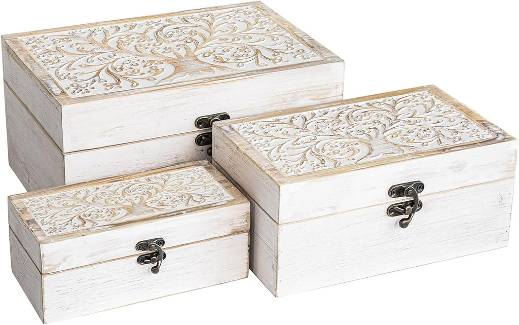3 Piece Tree of Life Carved Wooden Keepsake Boxes with Lids, Decorative Storage Boxes for Home decor, Trinket Box for Jewelry and Memorabilia