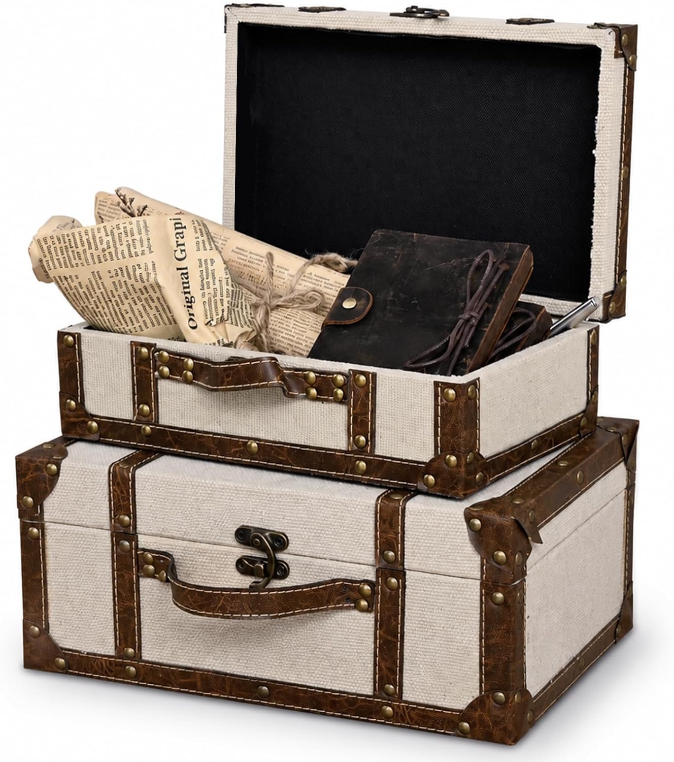 DECOR4SEASON Vintage Linen Fabric Decorative Box Set of 2 - Antique-Style Keepsake Chests for Coffee Table Decor, Mementos, and Elegant Bookshelf Styling