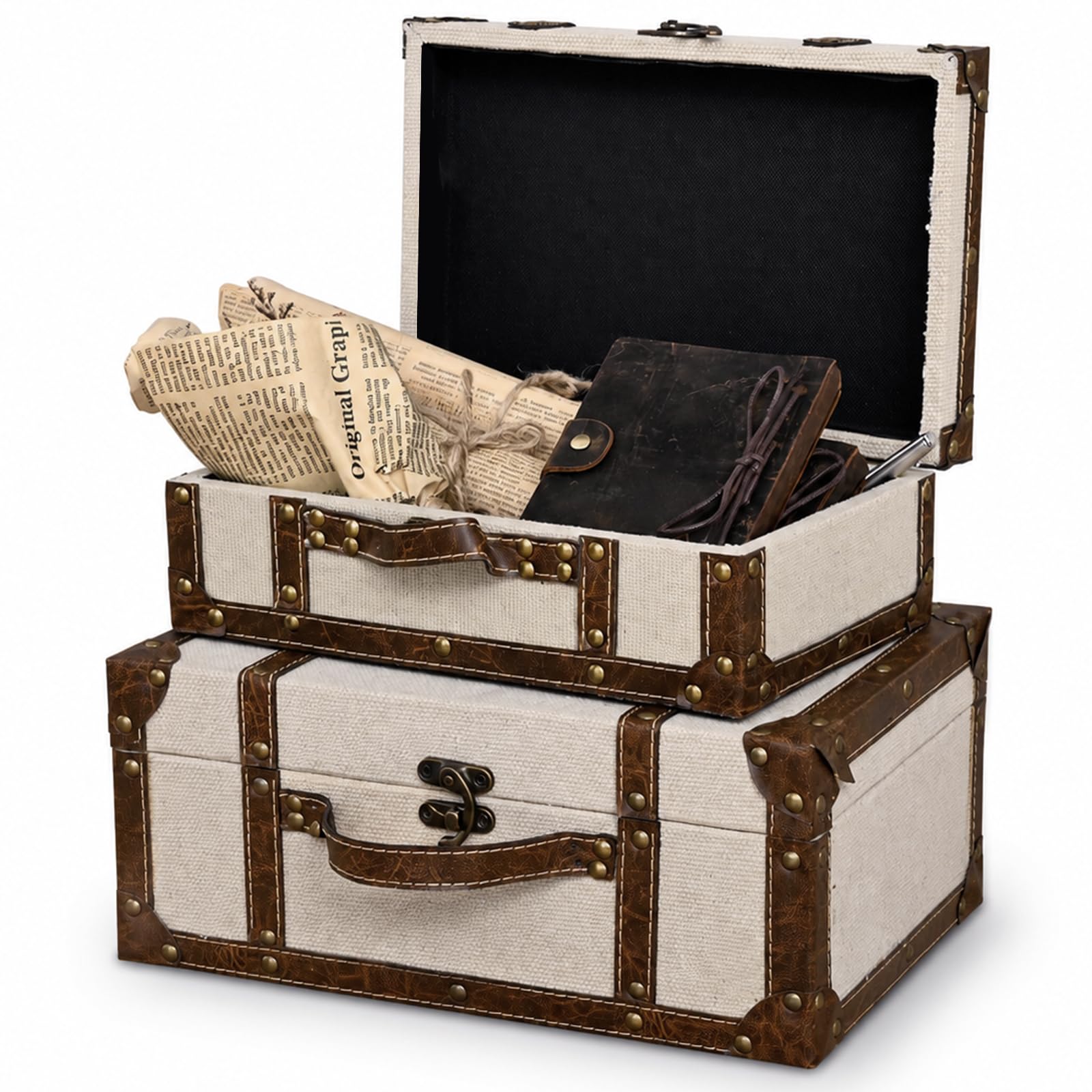 DECOR4SEASON Vintage Linen Fabric Decorative Box Set of 2 - Antique-Style Keepsake Chests for Coffee Table Decor, Mementos, and Elegant Bookshelf Styling